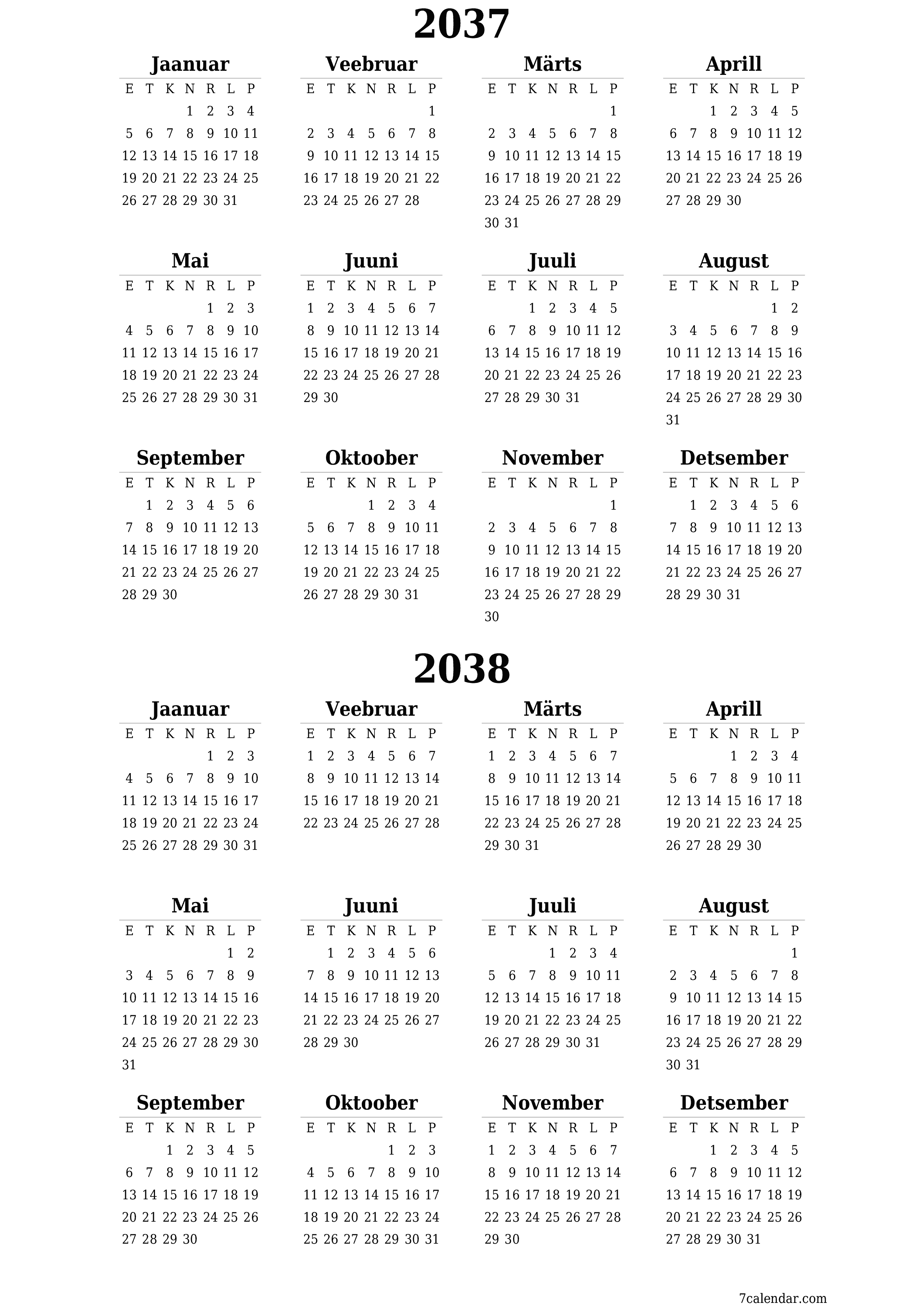 Tühi aasta planeerija kalender aastaks 2037, 2038 koos märkmetega, salvestage ja printige PDF-i PNG Estonian