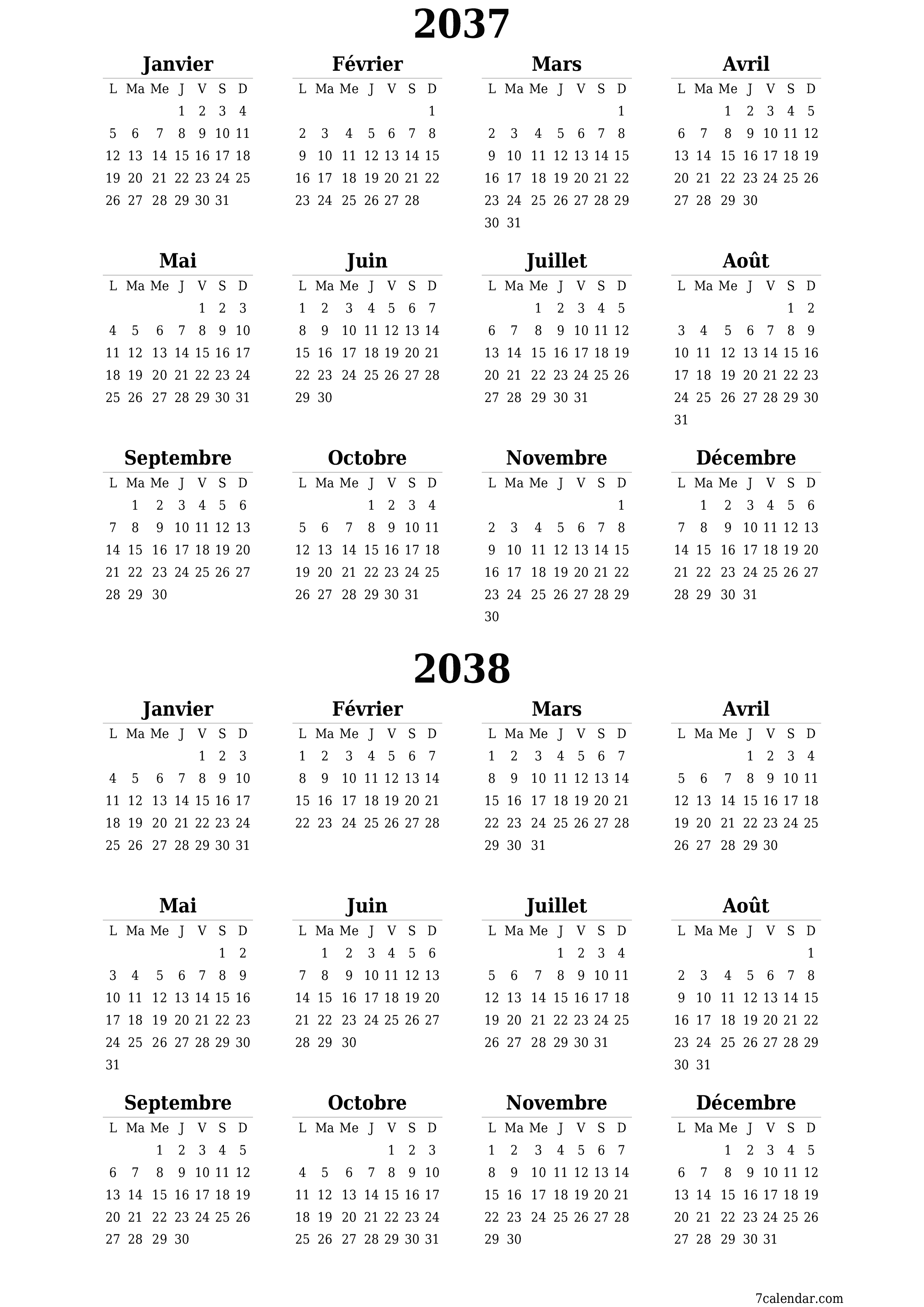 Calendrier annuel vide pour l'année 2037, 2038 avec notes, enregistrer et imprimer au format PDF PNG French