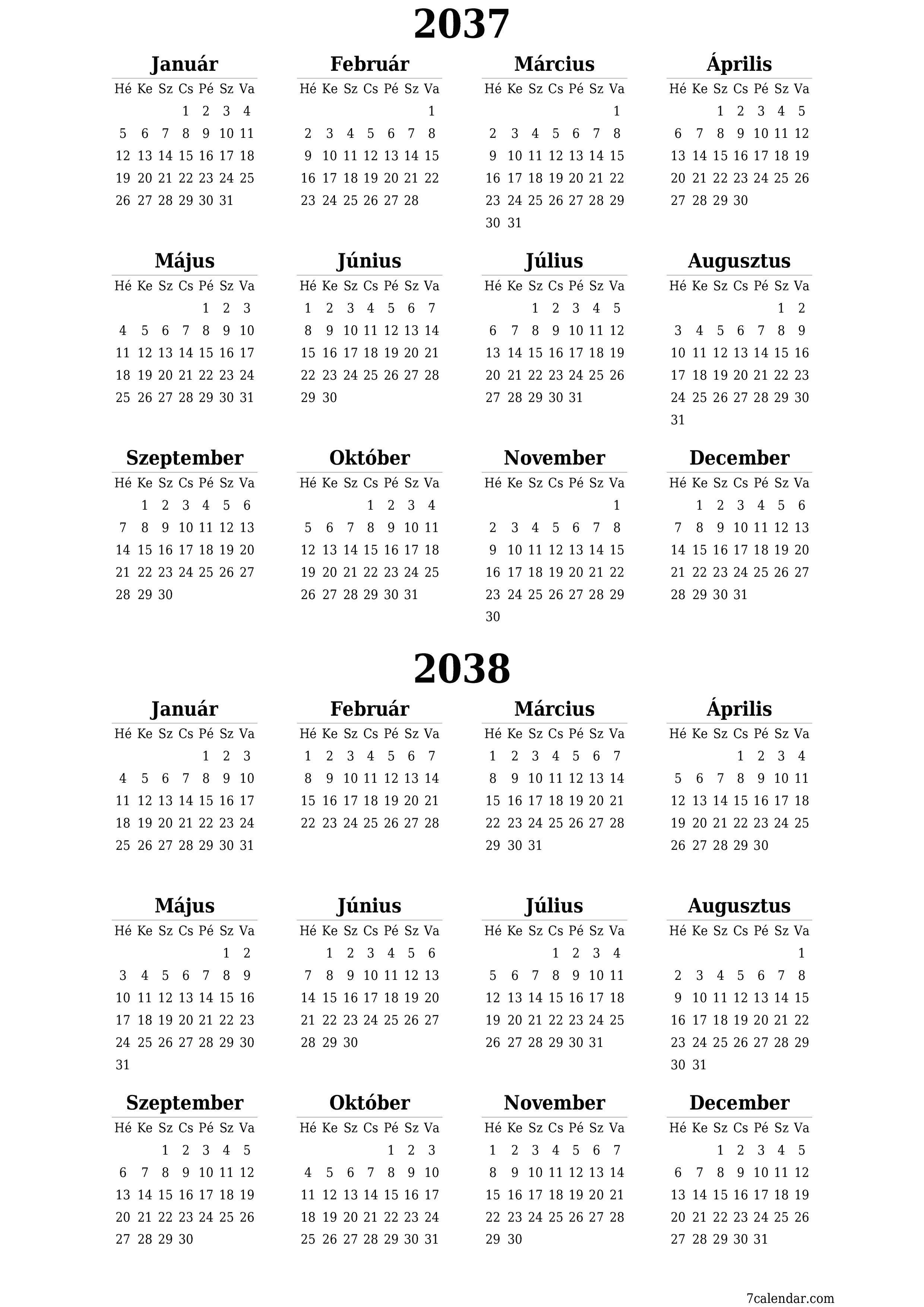 nyomtatható fali sablon ingyenes függőleges Éves naptár Június (Jún) 2037