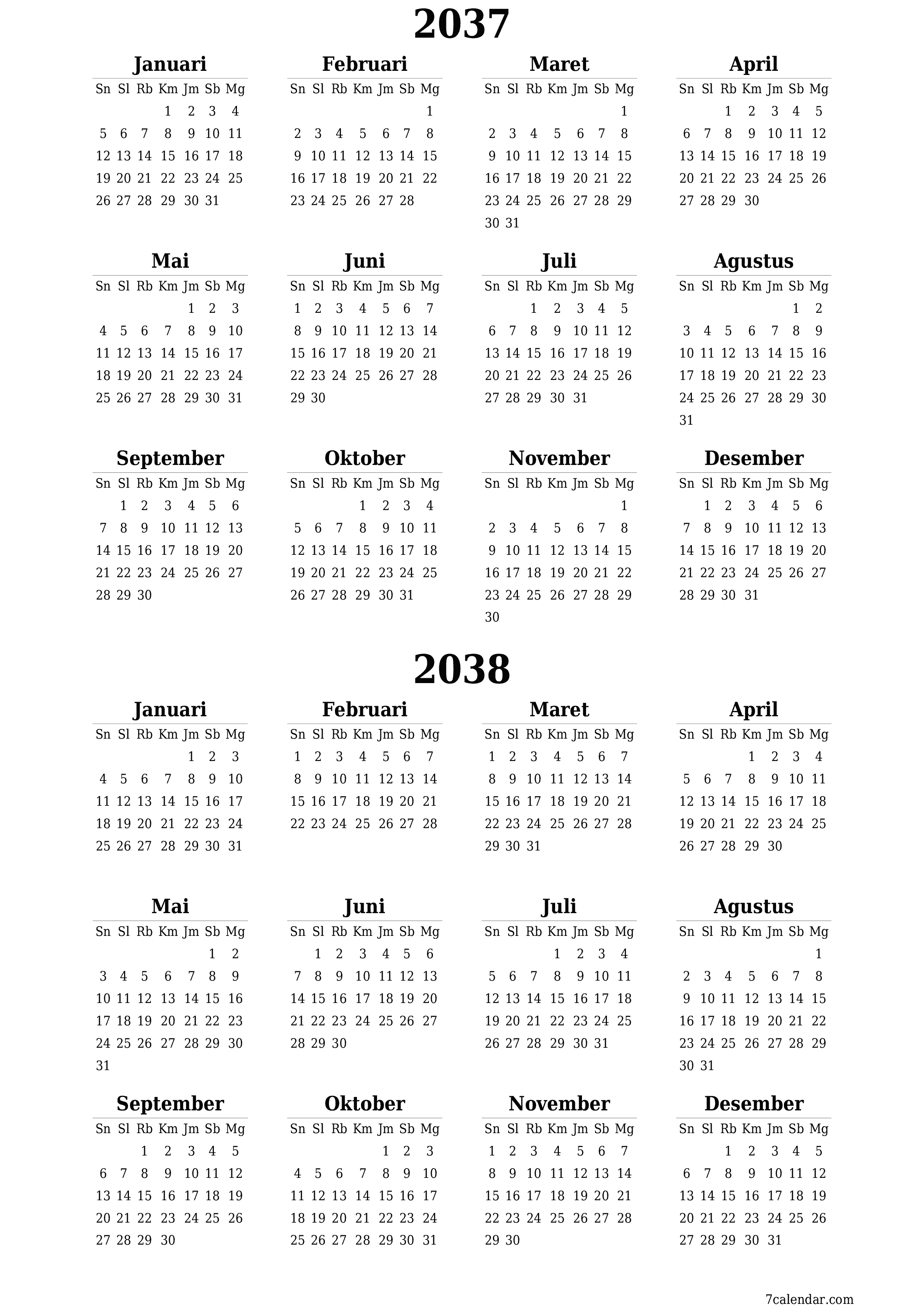 Kosongkan kalender perencana tahunan untuk tahun ini 2037, 2038 dengan catatan, simpan dan cetak ke PDF PNG Indonesian