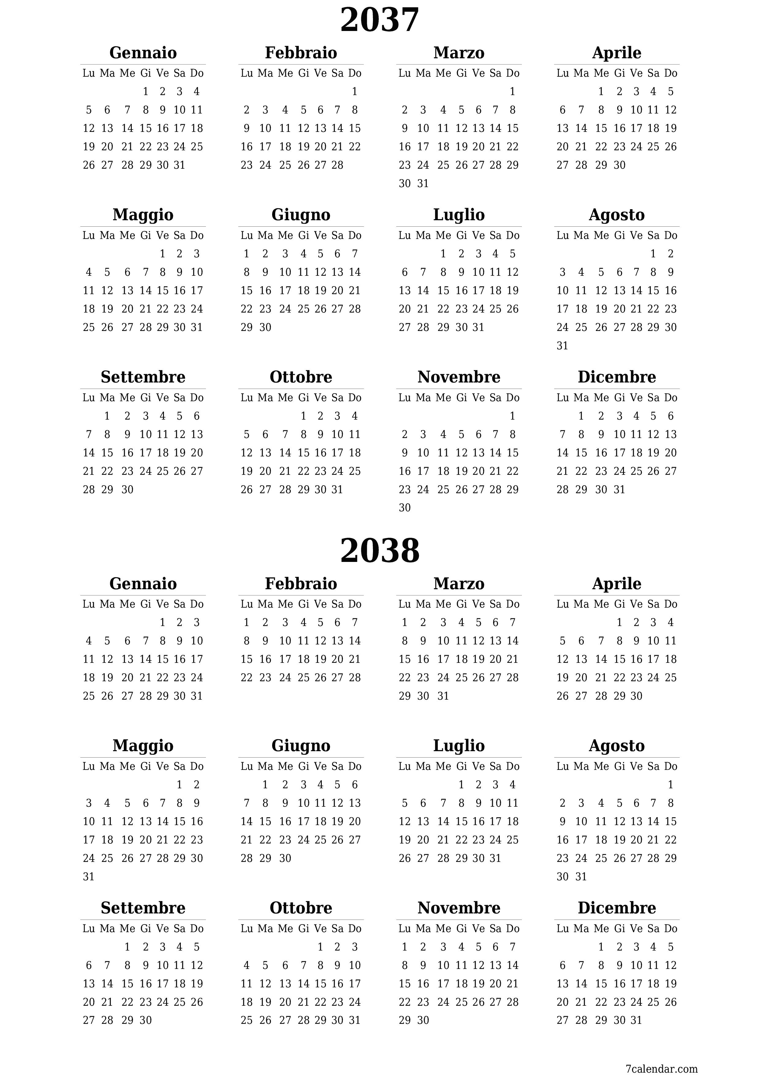 Calendario pianificatore annuale vuoto per l'anno 2037, 2038 con note, salva e stampa in PDF PNG Italian