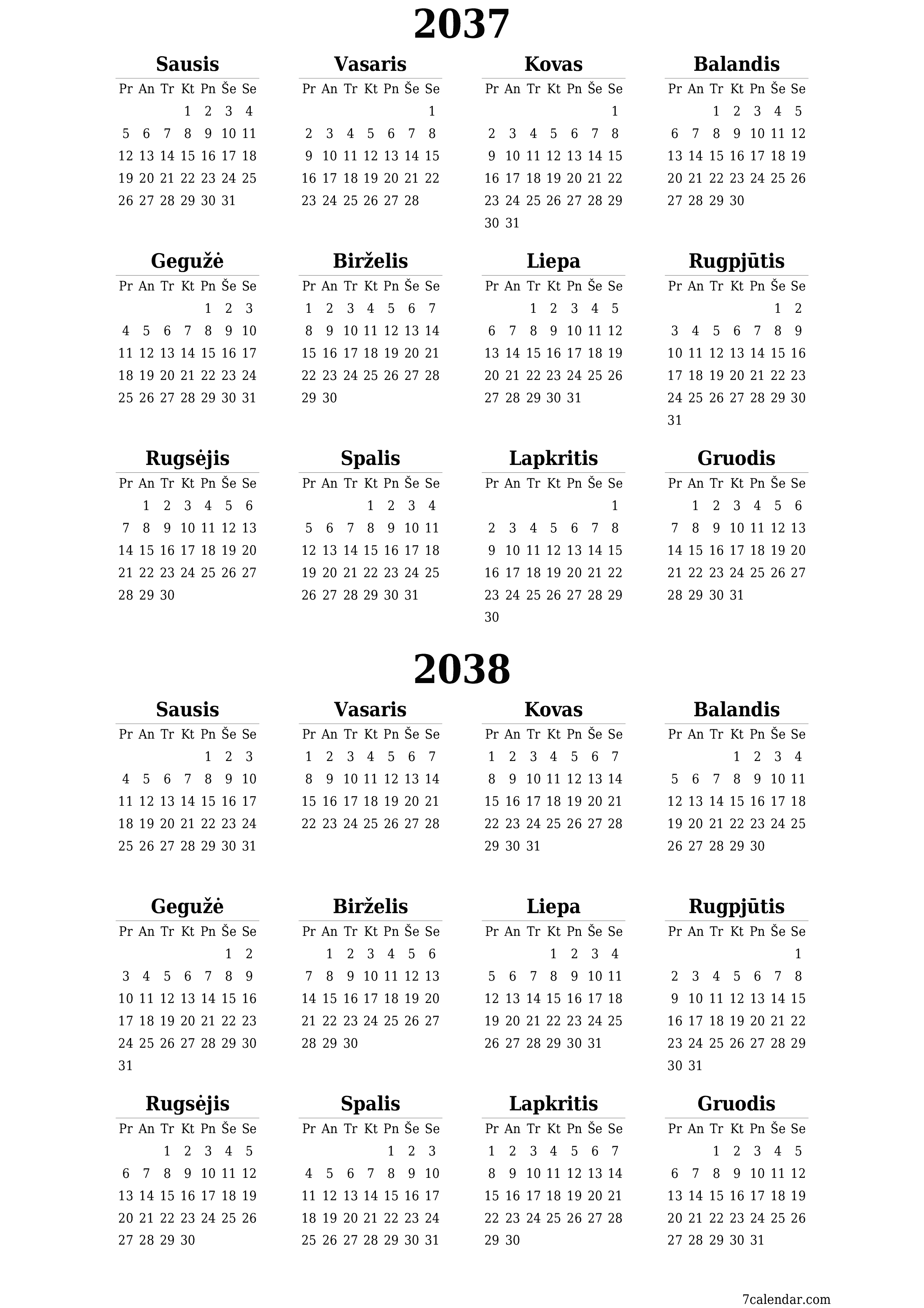 Tuščias metų planavimo kalendorius 2037, 2038 su užrašais, išsaugokite ir atsispausdinkite PDF formatu PNG Lithuanian