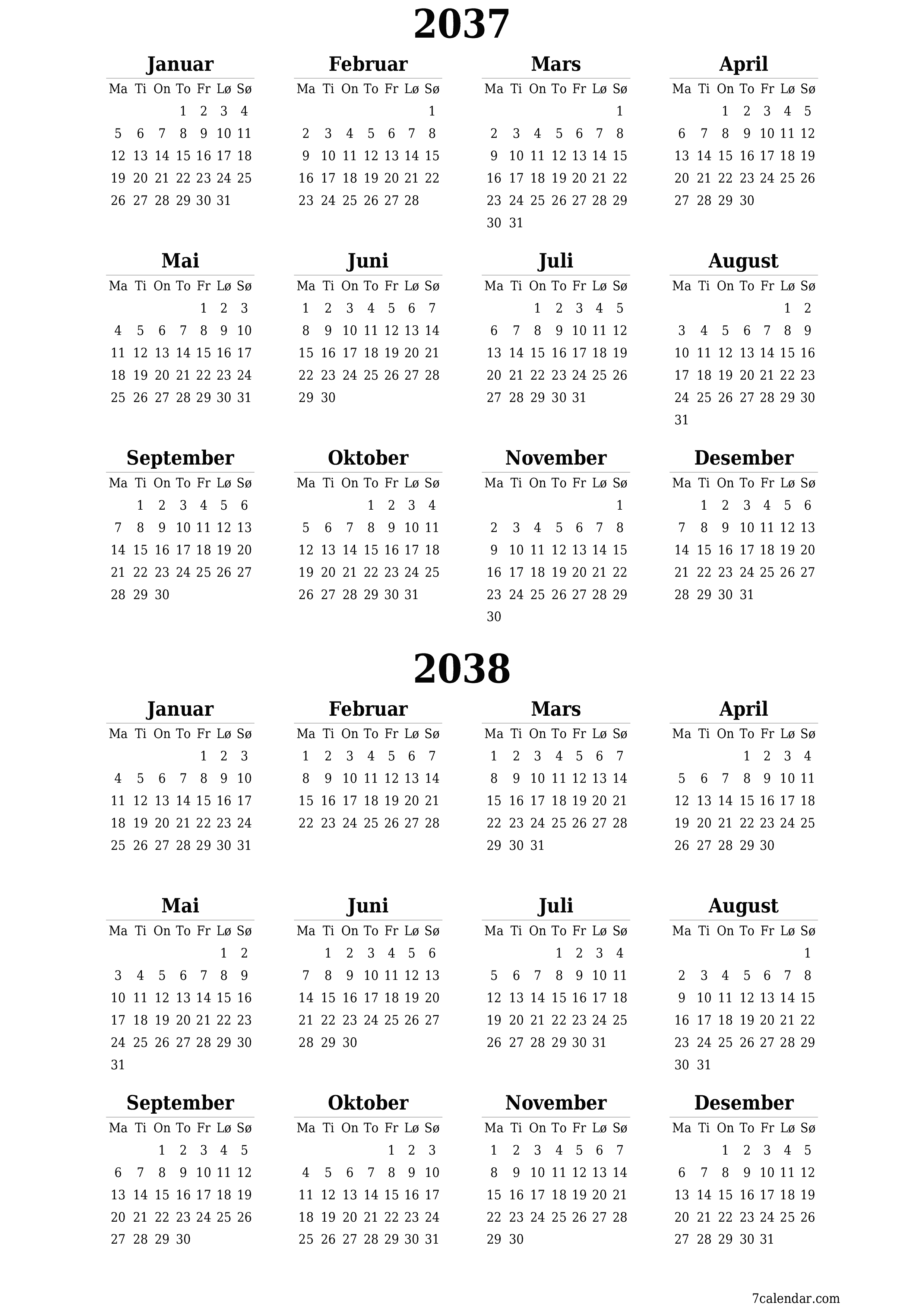 Tom årlig planleggerkalender for året 2037, 2038 med notater, lagre og skrive ut i PDF PNG Norwegian