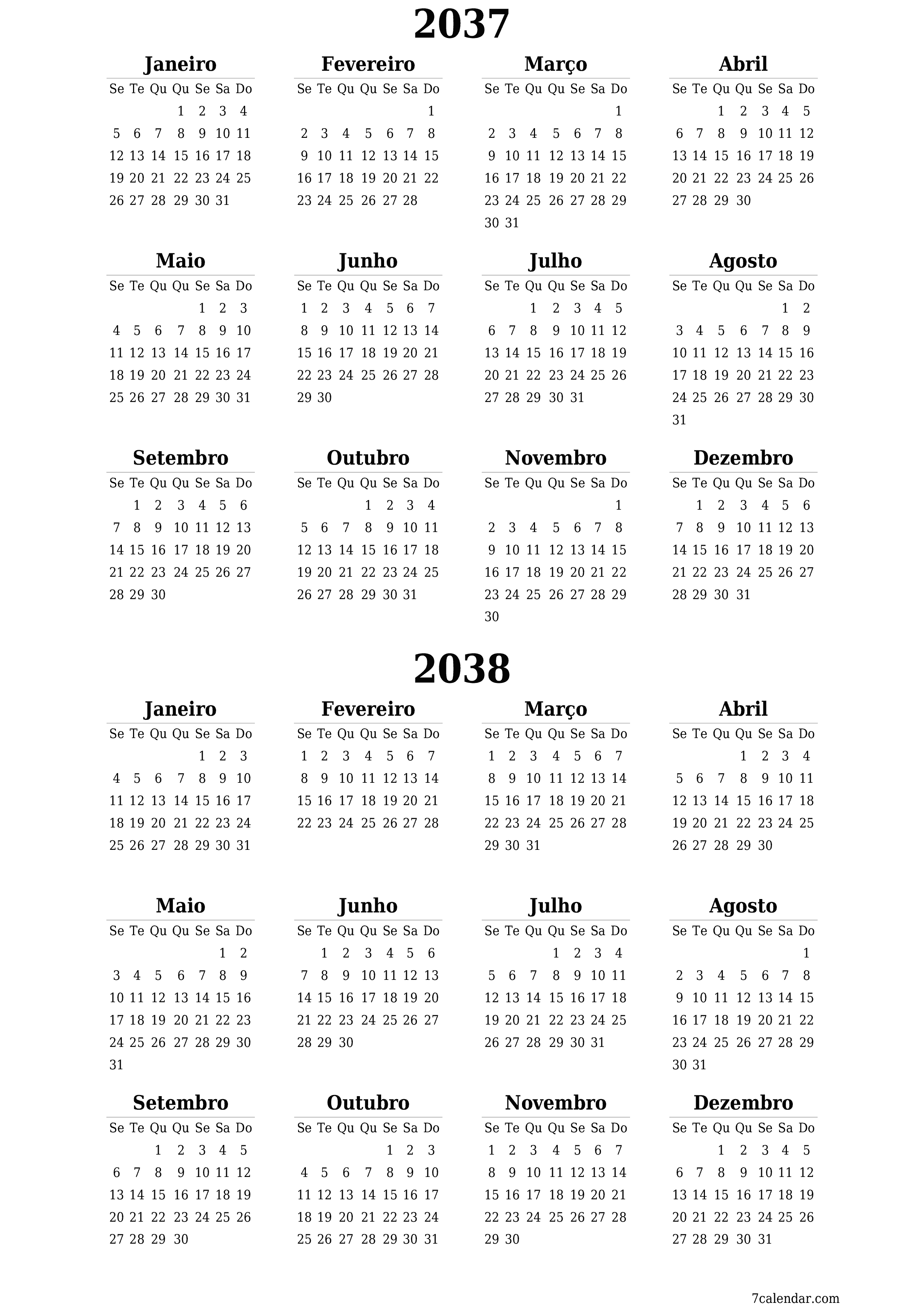 Calendário de planejador anual vazio para o ano 2037, 2038 com notas, salve e imprima em PDF PNG Portuguese