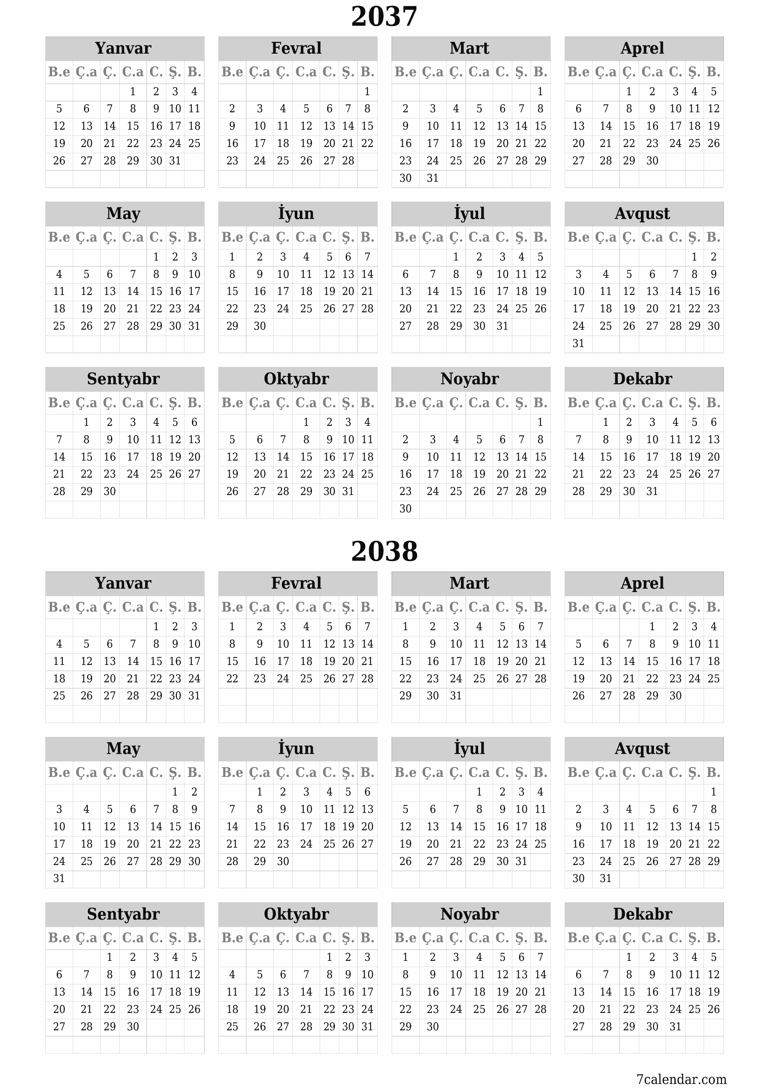 2037, 2038 ili üçün illik illik planlayıcı təqvim, qeydlər ilə boş saxlayın, qeyd edin və PDF-ə yazdırın PNG Azerbaijani