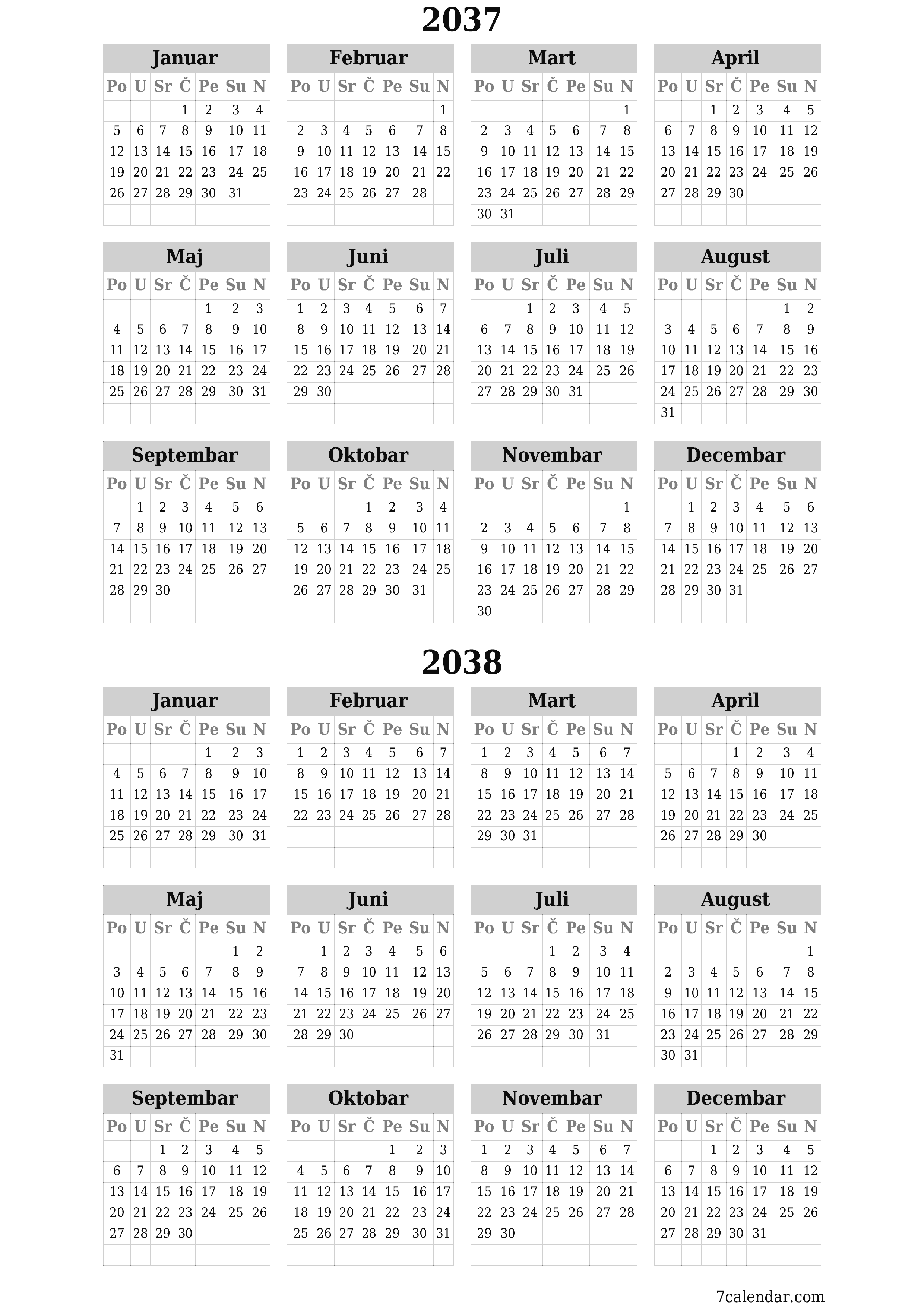  za štampanje zidni šablon a besplatni vertikalno Godišnje kalendar Juni (Jun) 2037
