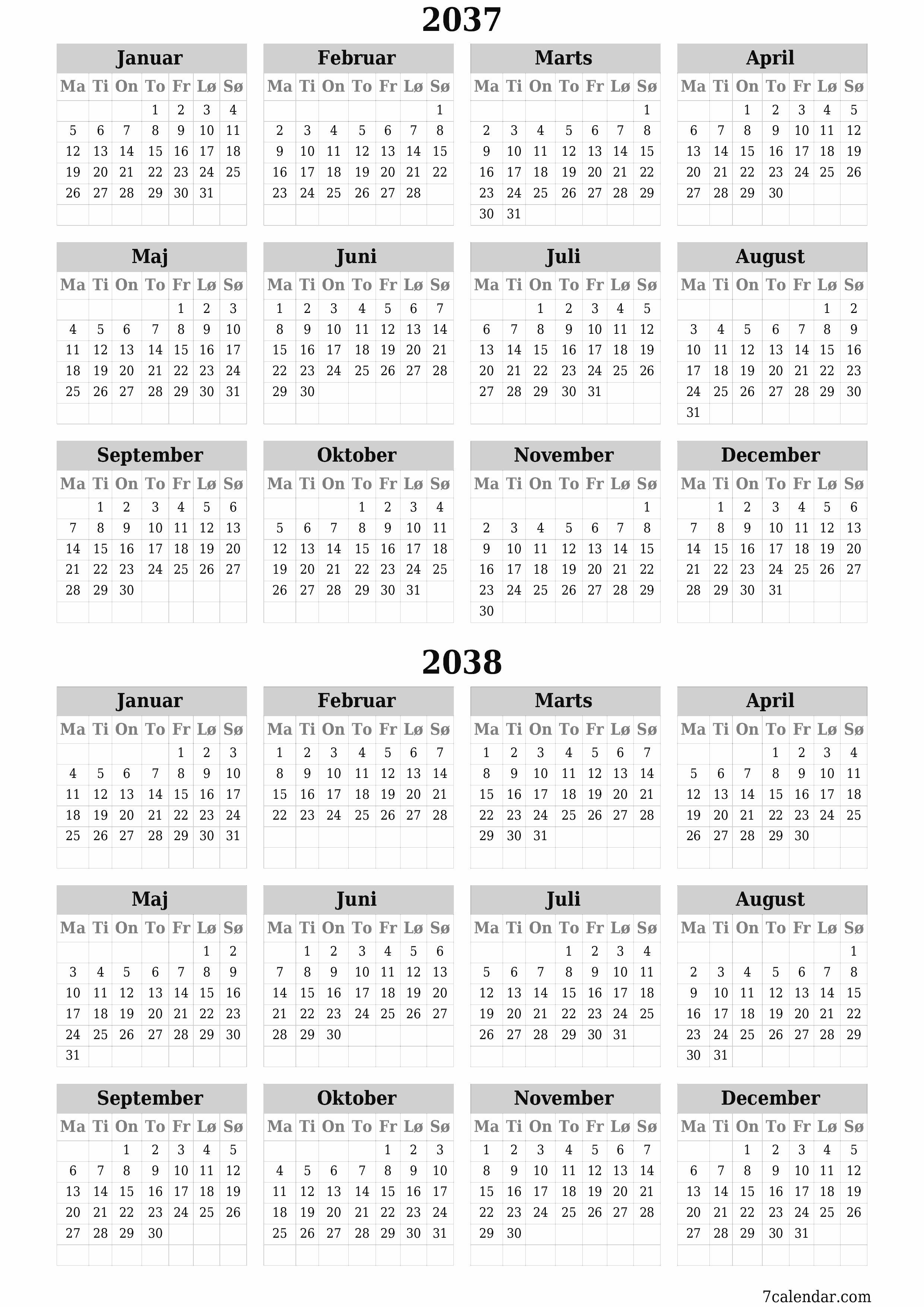 Tom årlig planlægningskalender for året 2037, 2038 med noter, gem og udskriv til PDF PNG Danish