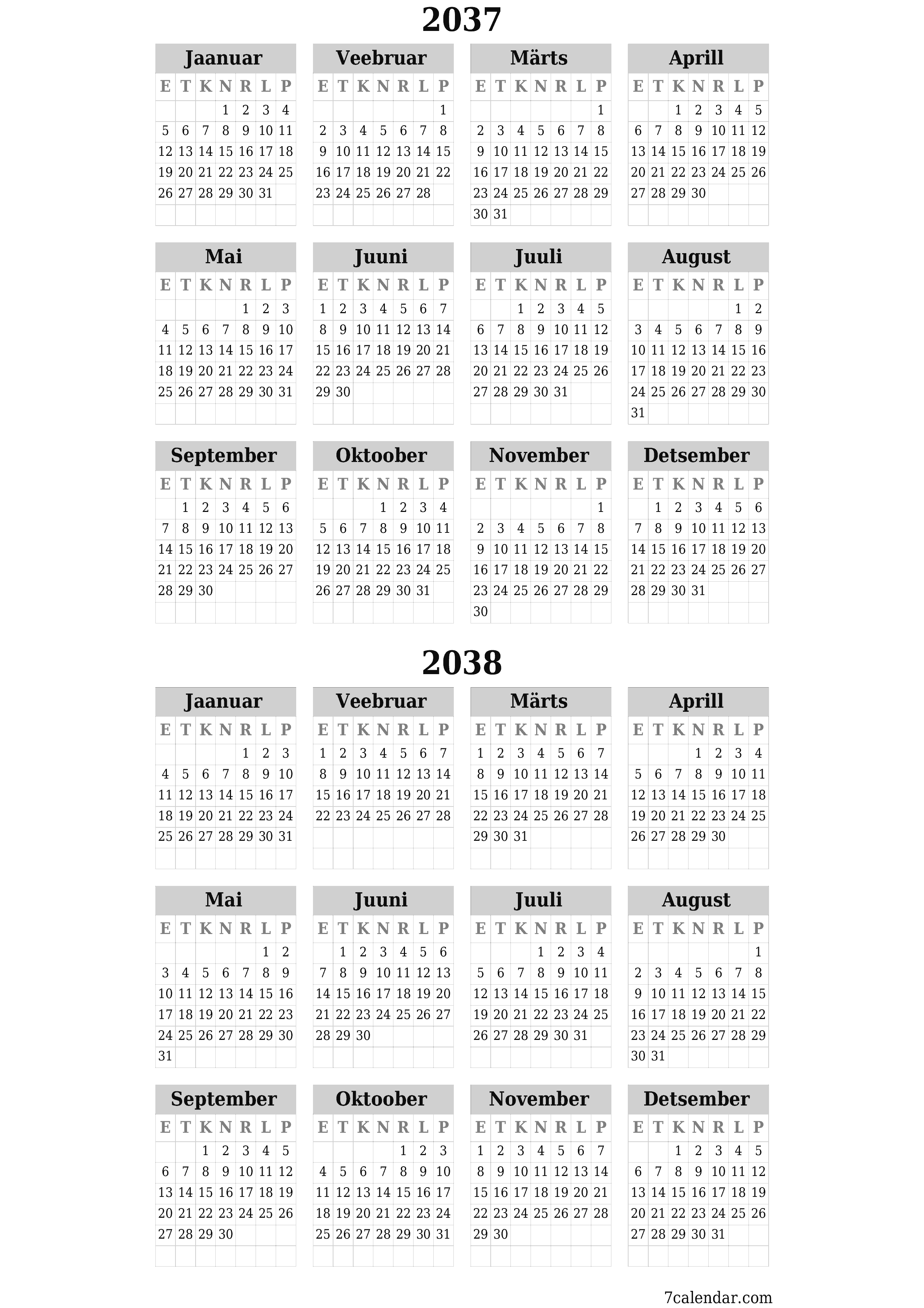 Tühi aasta planeerija kalender aastaks 2037, 2038 koos märkmetega, salvestage ja printige PDF-i PNG Estonian