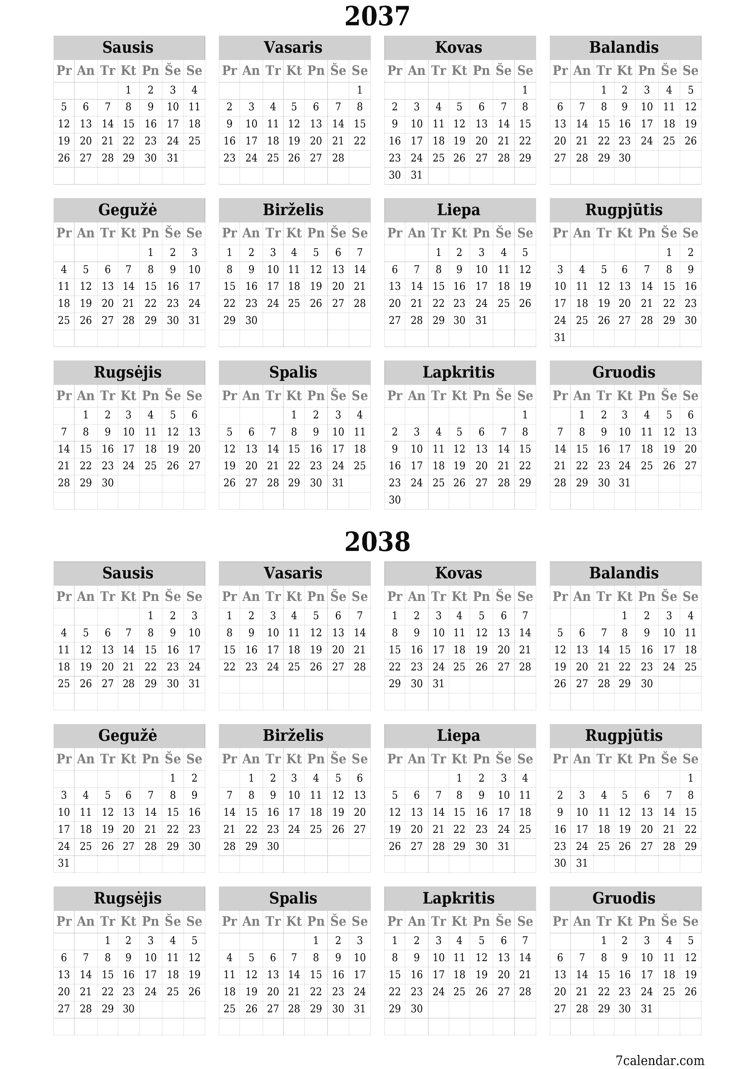 spausdinamas sieninis kalendoriaus šabloną nemokamas vertikaliai Kasmet kalendorius Birželis (Bir) 2037