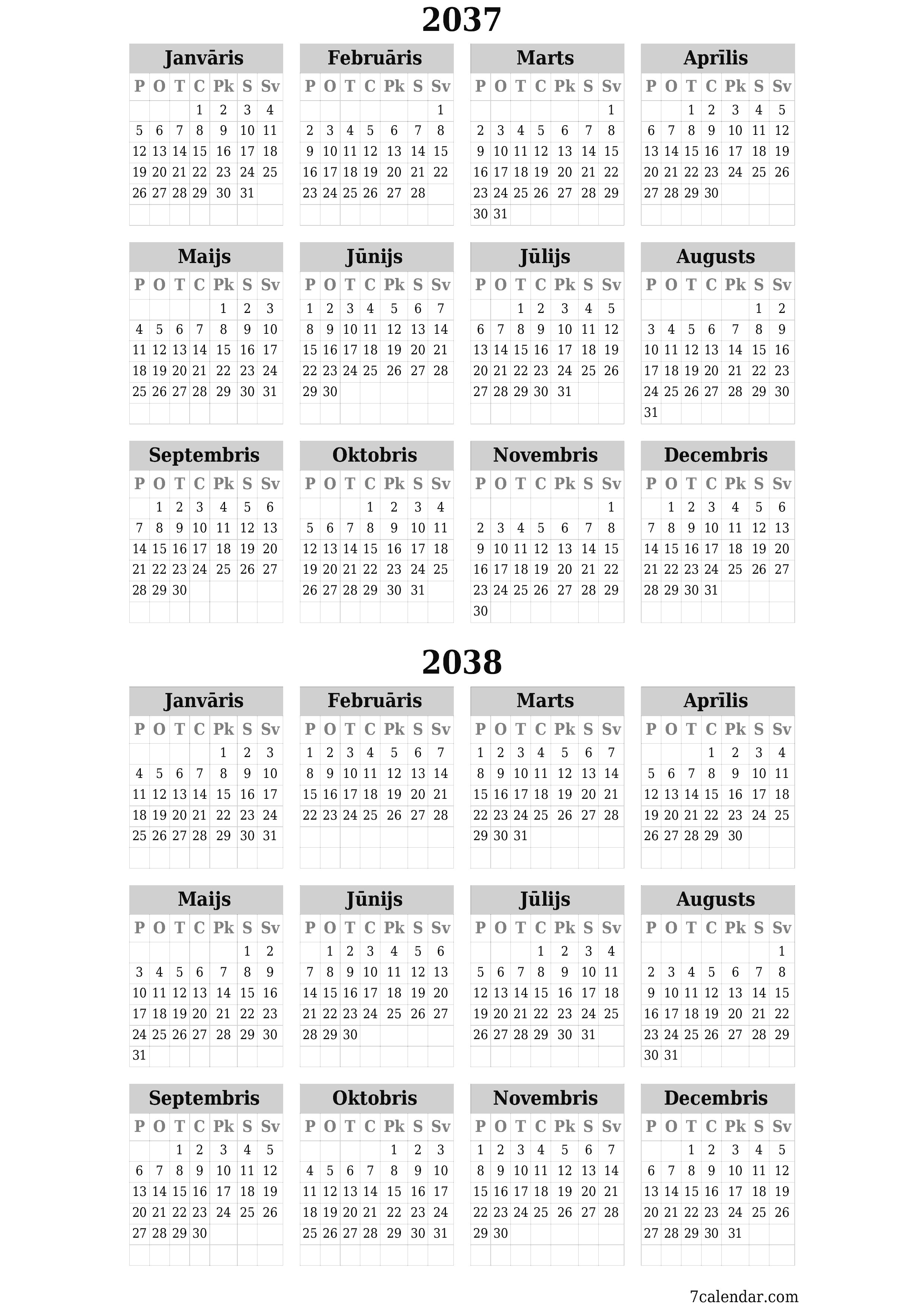 izdrukājams sienas kalendāra veidne bezmaksas vertikāli Gada kalendārs Jūnijs (Jūn) 2037