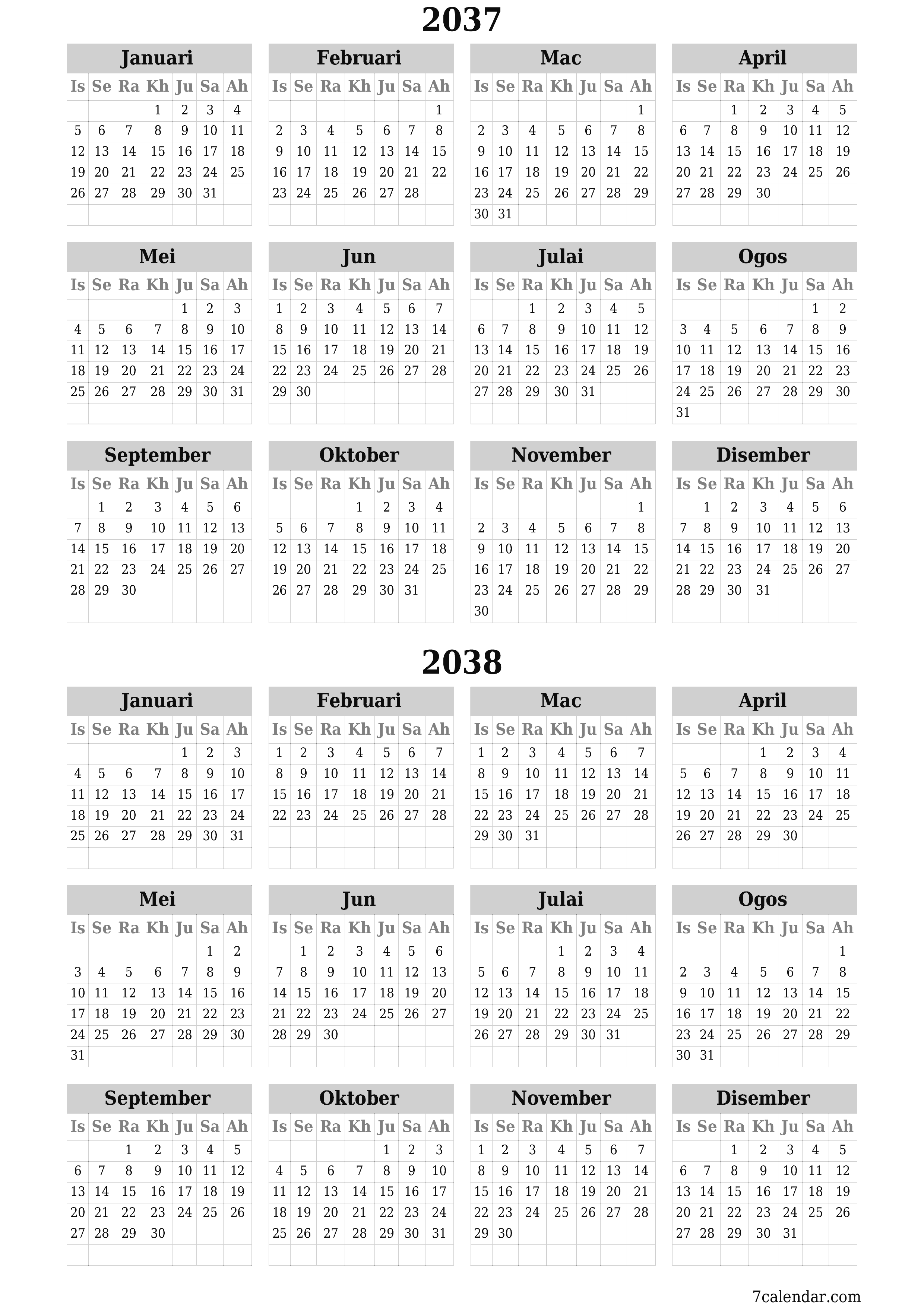 Kalendar perancang tahunan kosong untuk tahun ini 2037, 2038 dengan nota, simpan dan cetak ke PDF PNG Malay