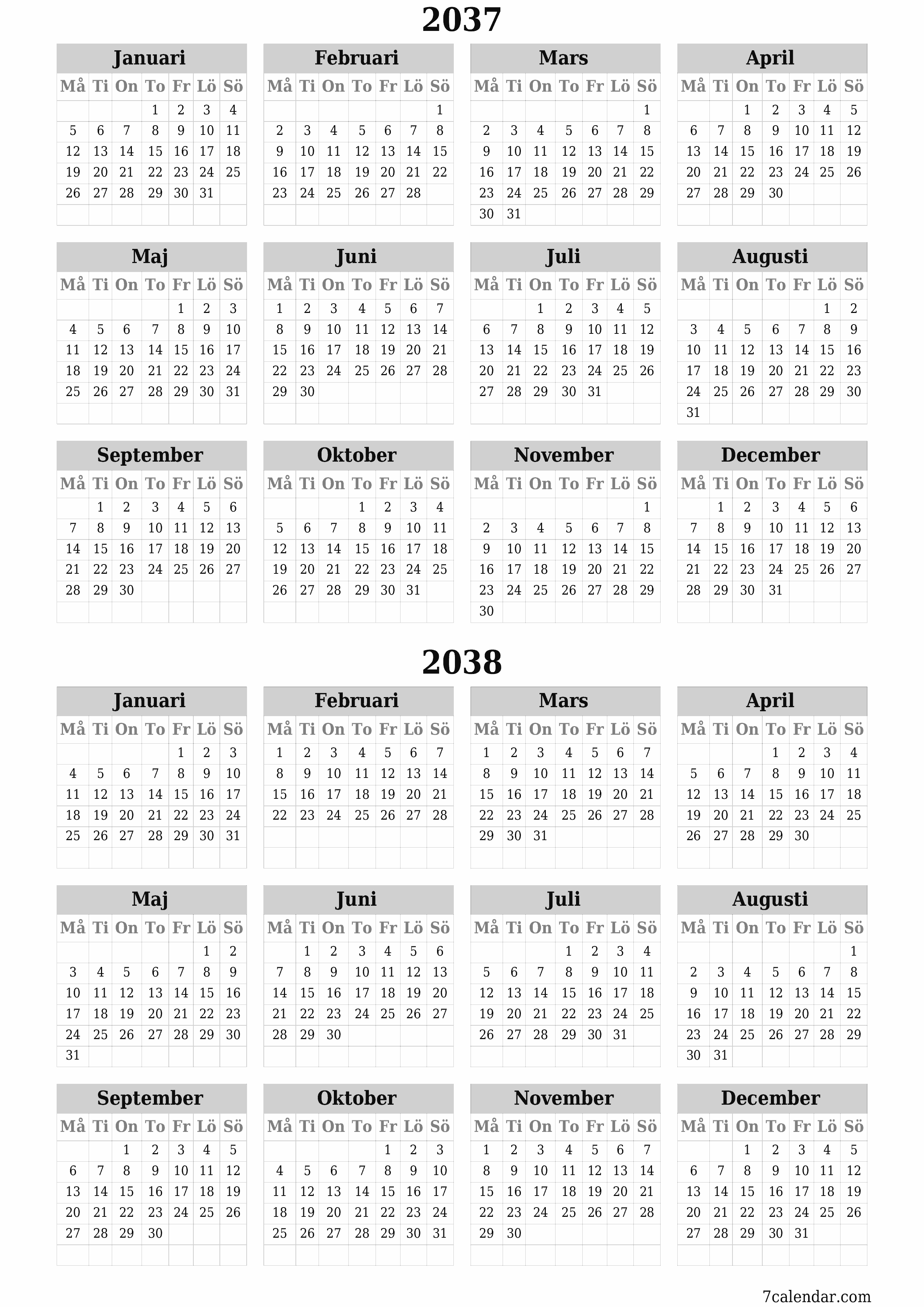 Tom årlig planeringskalender för året 2037, 2038 med anteckningar, spara och skriv ut till PDF PNG Swedish