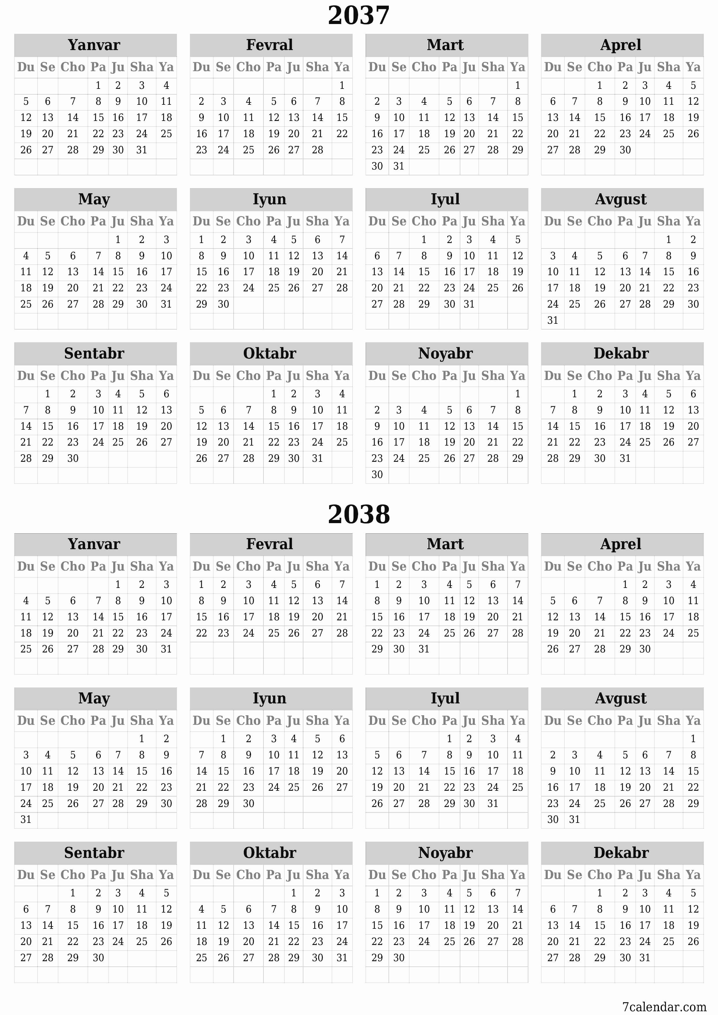 chop etiladigan devor taqvimi shabloni bepul vertikal Yillik kalendar Iyun (Iyun) 2037