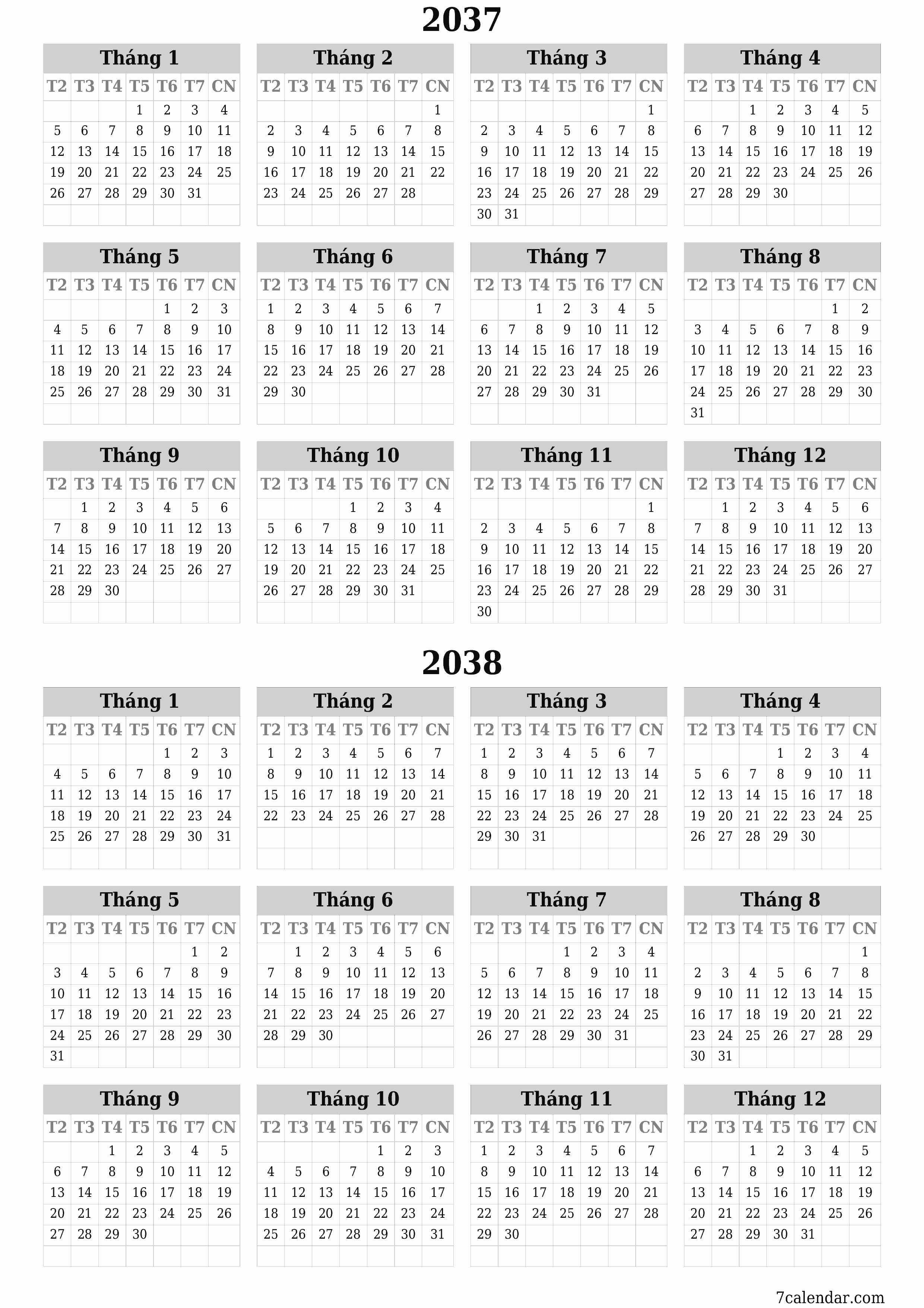  in được treo tường mẫu miễn phíthẳng đứng Hàng năm lịch Tháng 6 (Th6) 2037