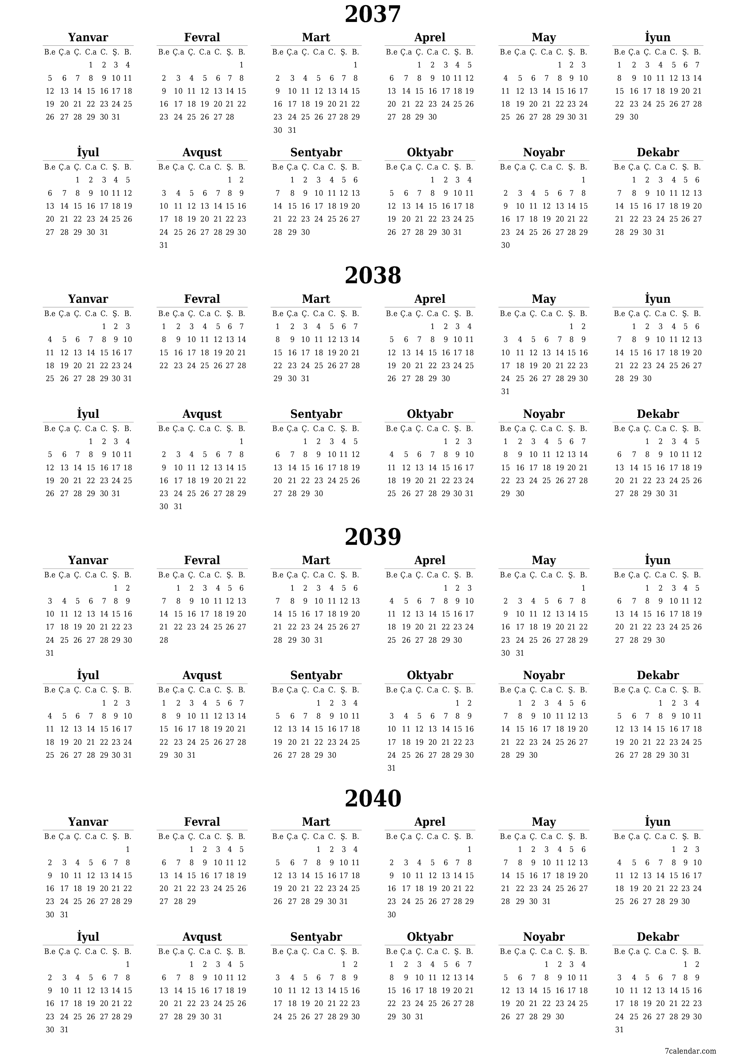 çap edilə bilən divar i şablonu pulsuz şaquli İllik təqvim İyun (İyun) 2037