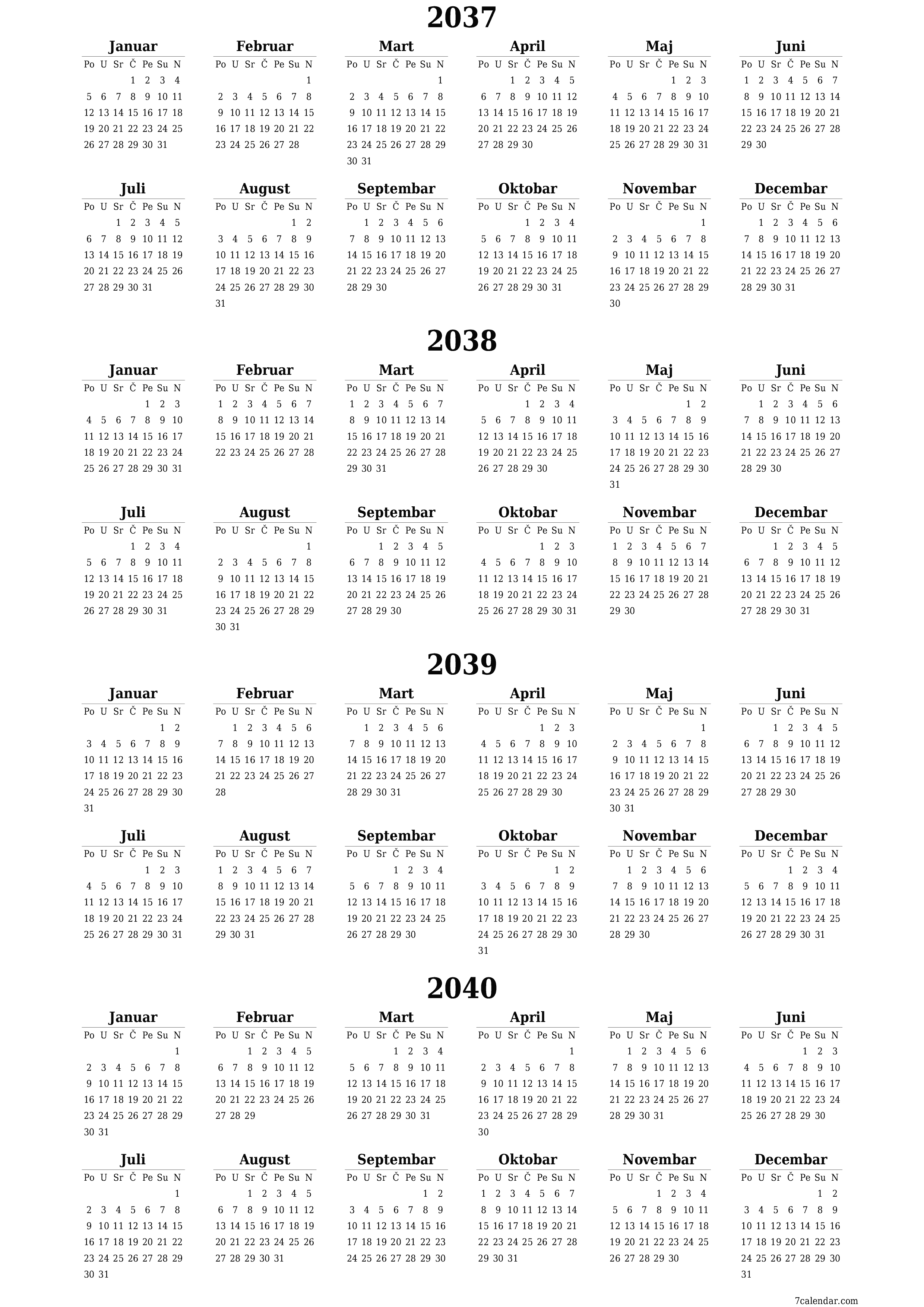 za štampanje zidni šablon a besplatni vertikalno Godišnje kalendar Juni (Jun) 2037