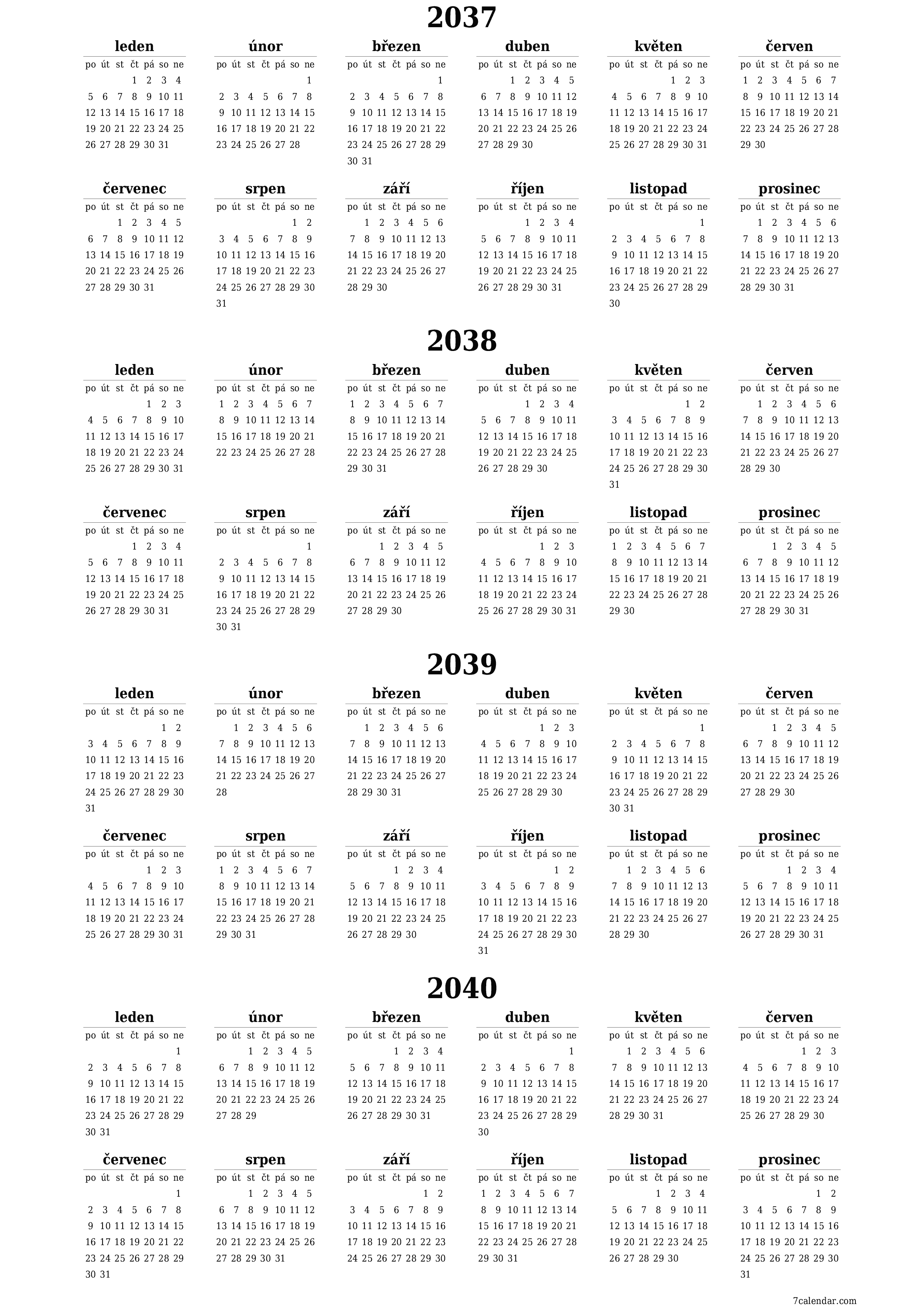 Prázdný roční kalendář plánovače pro rok 2037, 2038, 2039, 2040 s poznámkami, uložením a tiskem do PDF PNG Czech