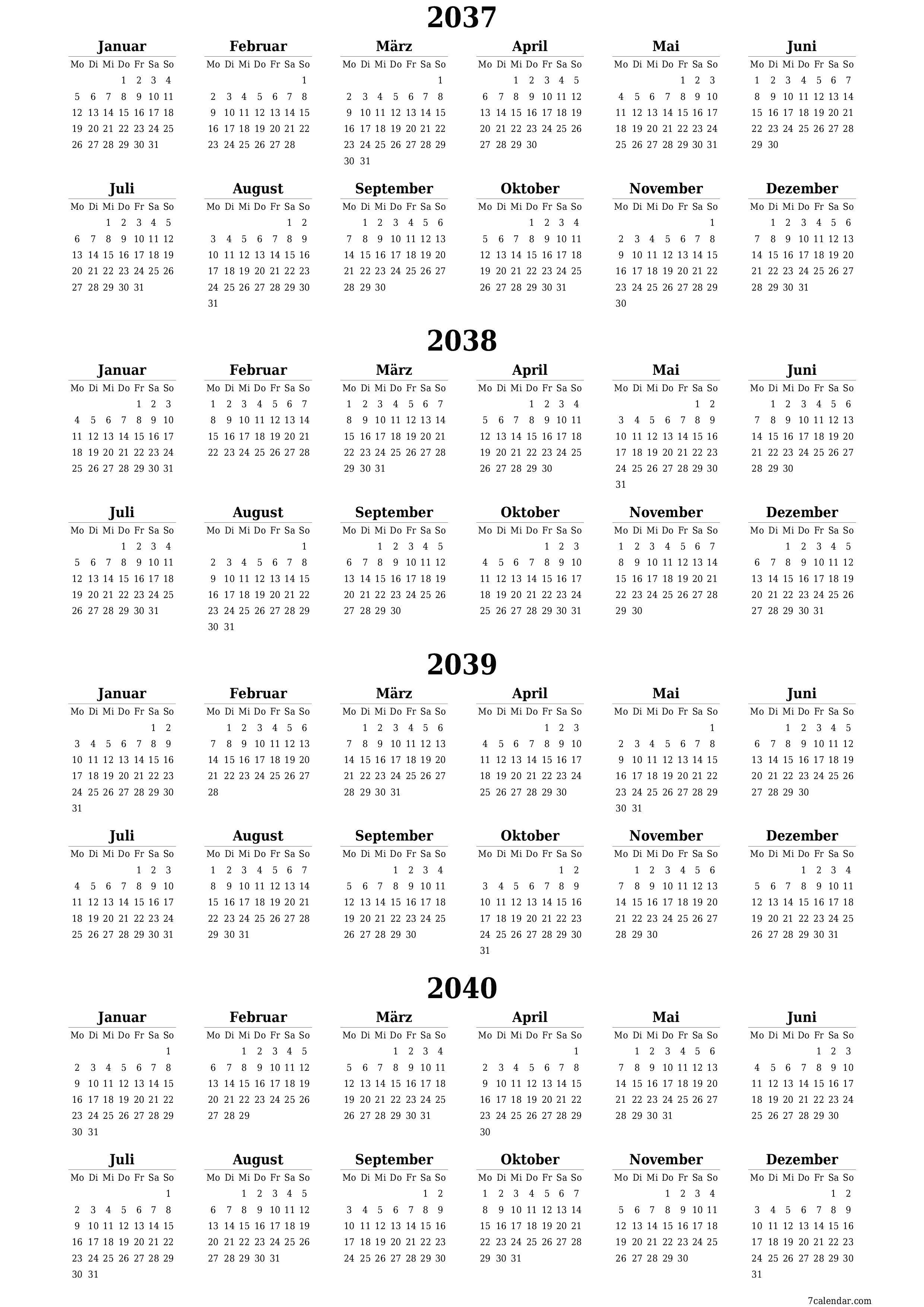  zum Ausdrucken Wandkalender vorlage kostenloser vertikal Jahreskalender Kalender Juni (Jun) 2037