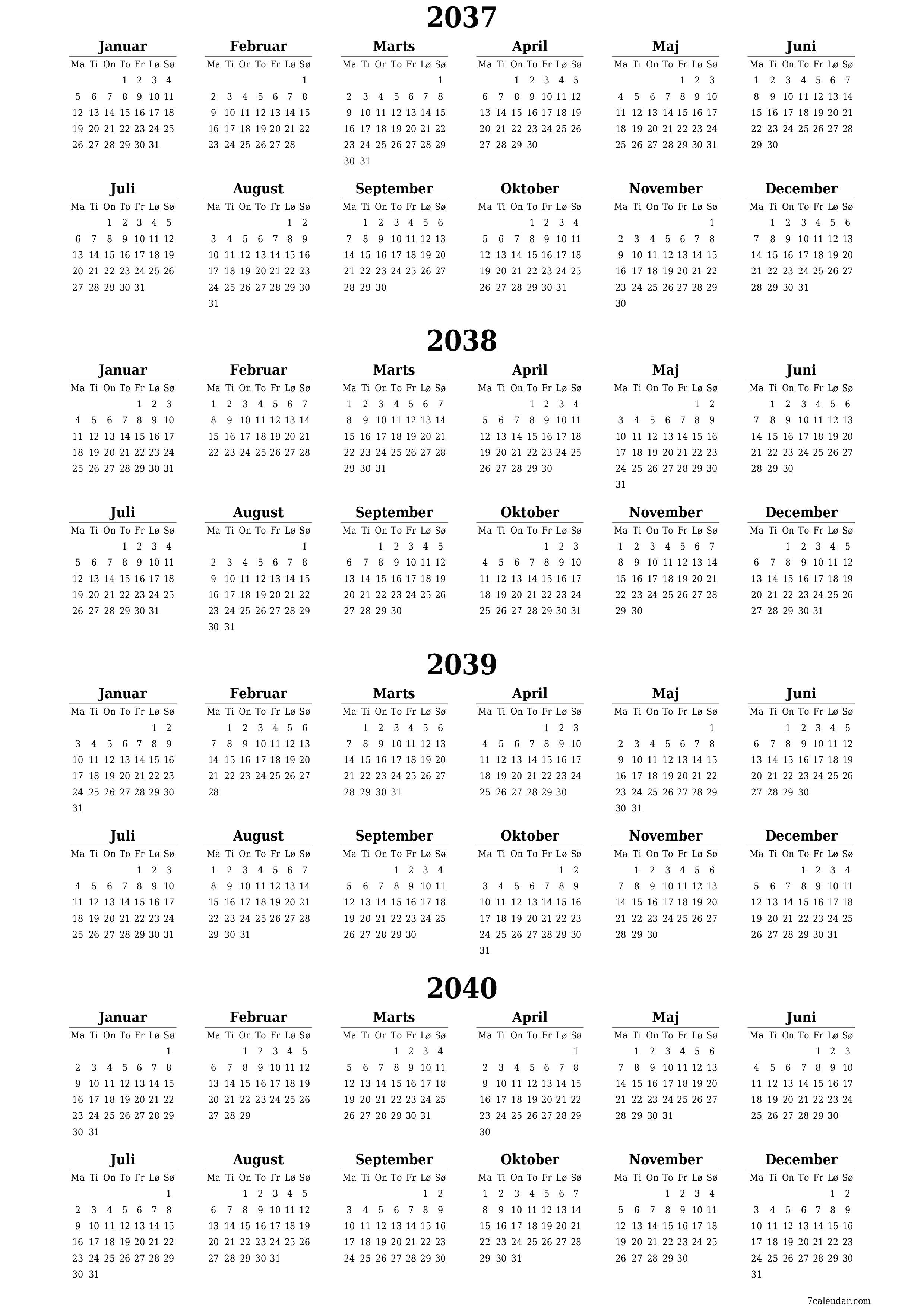 Tom årlig planlægningskalender for året 2037, 2038, 2039, 2040 med noter, gem og udskriv til PDF PNG Danish