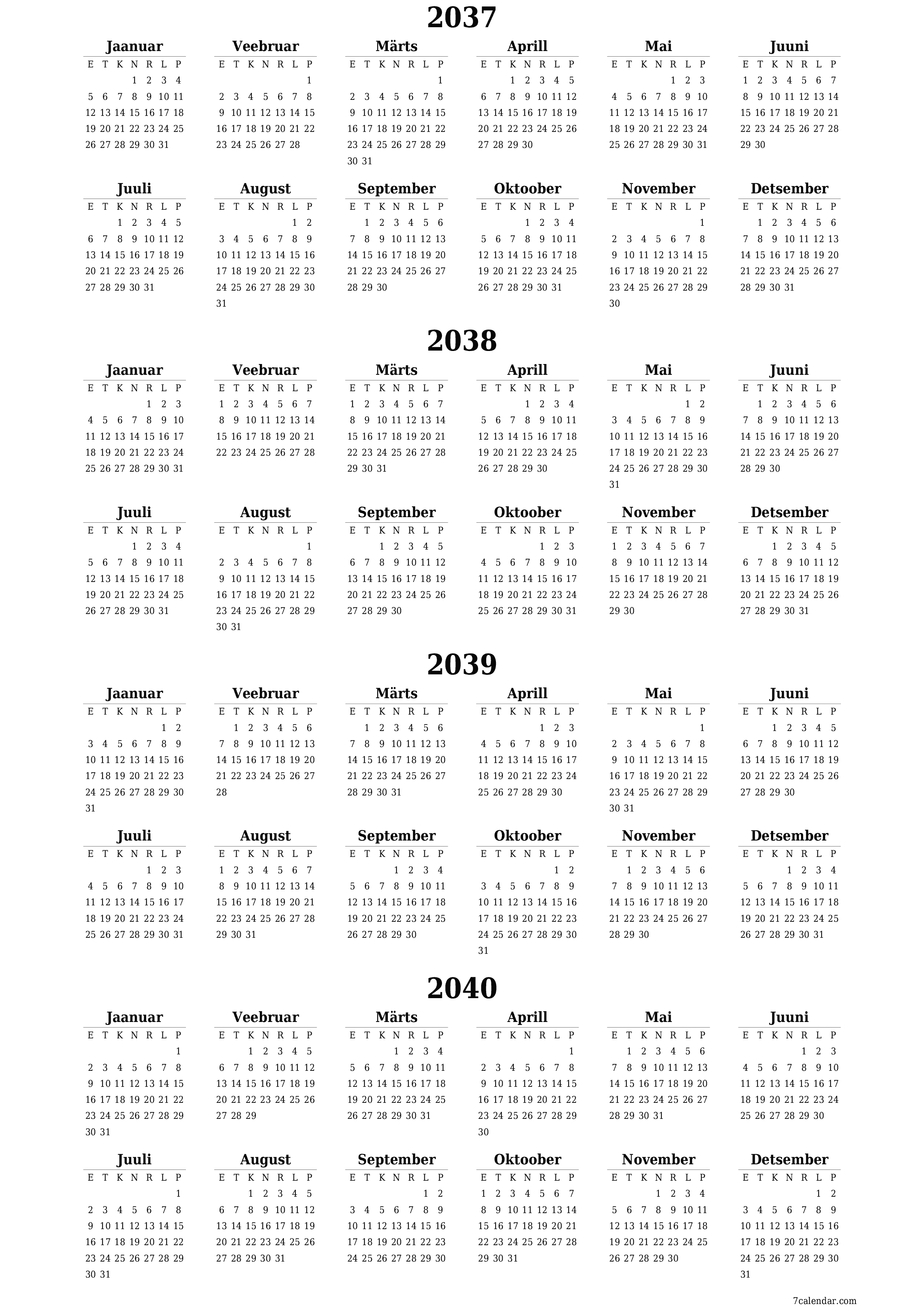 Tühi aasta planeerija kalender aastaks 2037, 2038, 2039, 2040 koos märkmetega, salvestage ja printige PDF-i PNG Estonian