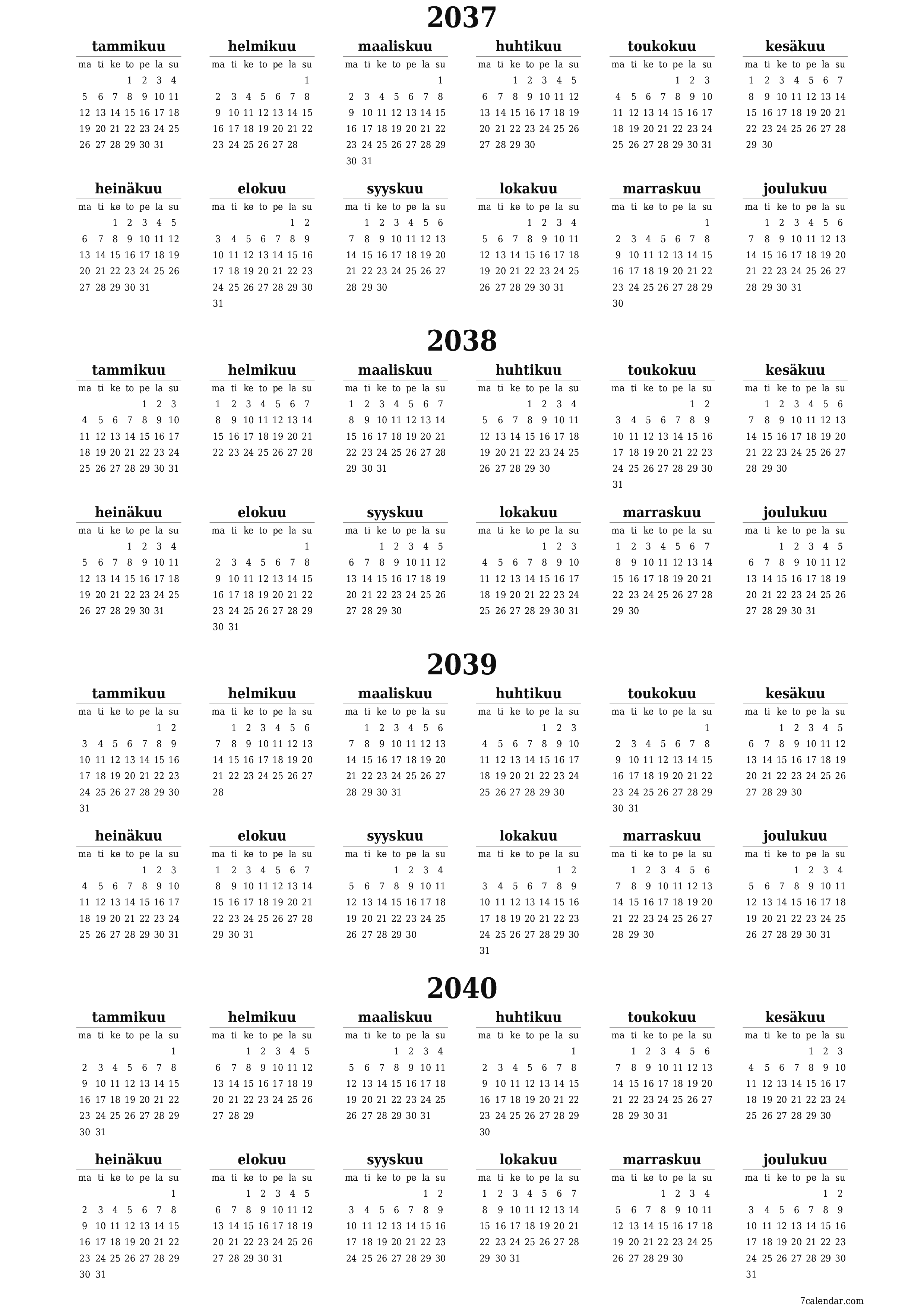 Tyhjä vuosisuunnittelukalenteri vuodelle 2037, 2038, 2039, 2040 muistiinpanoilla, tallenna ja tulosta PDF-muotoon PNG Finnish