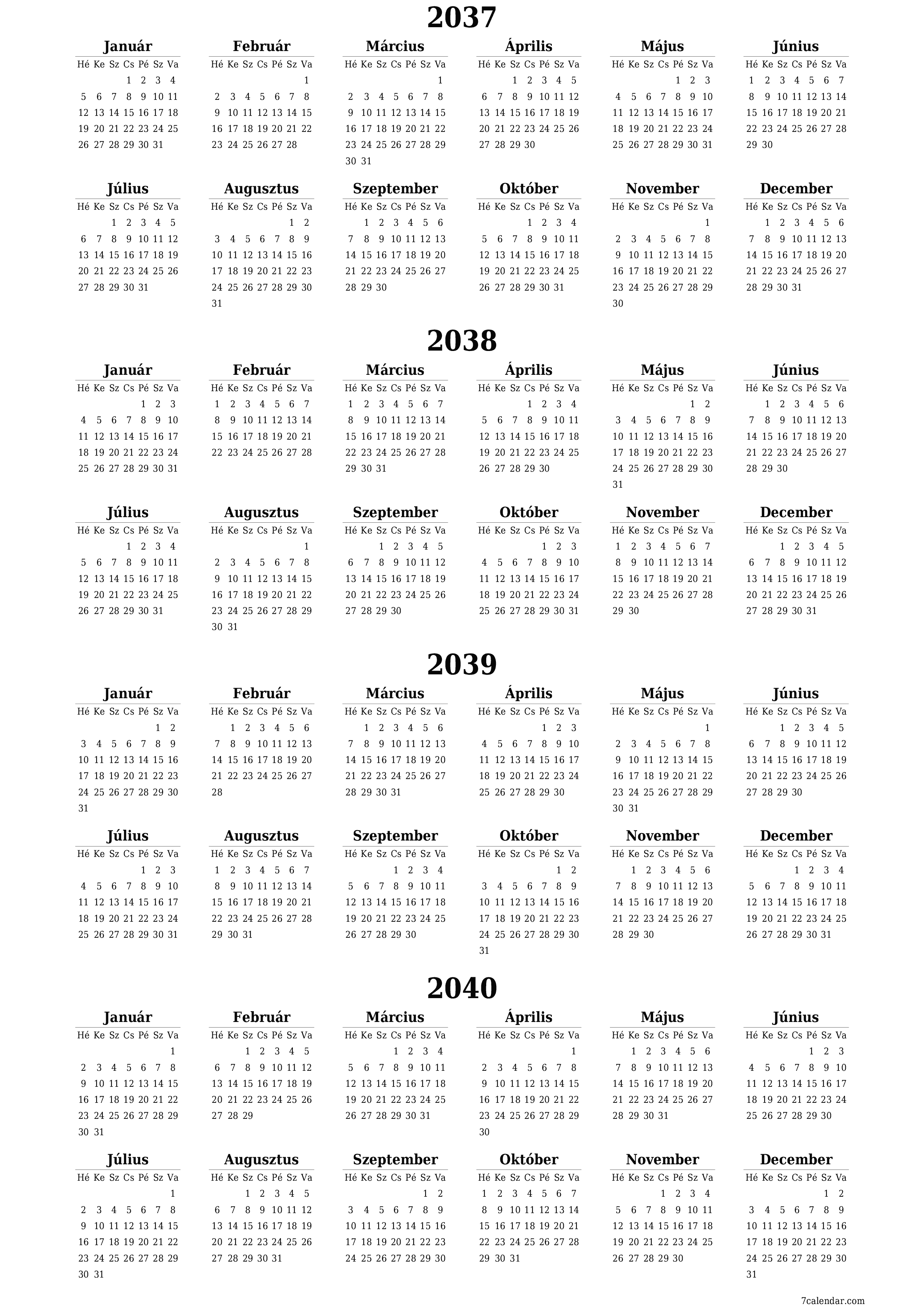 Üres éves tervezői naptár az évre 2037, 2038, 2039, 2040 jegyzetekkel, mentés és nyomtatás PDF-be PNG Hungarian