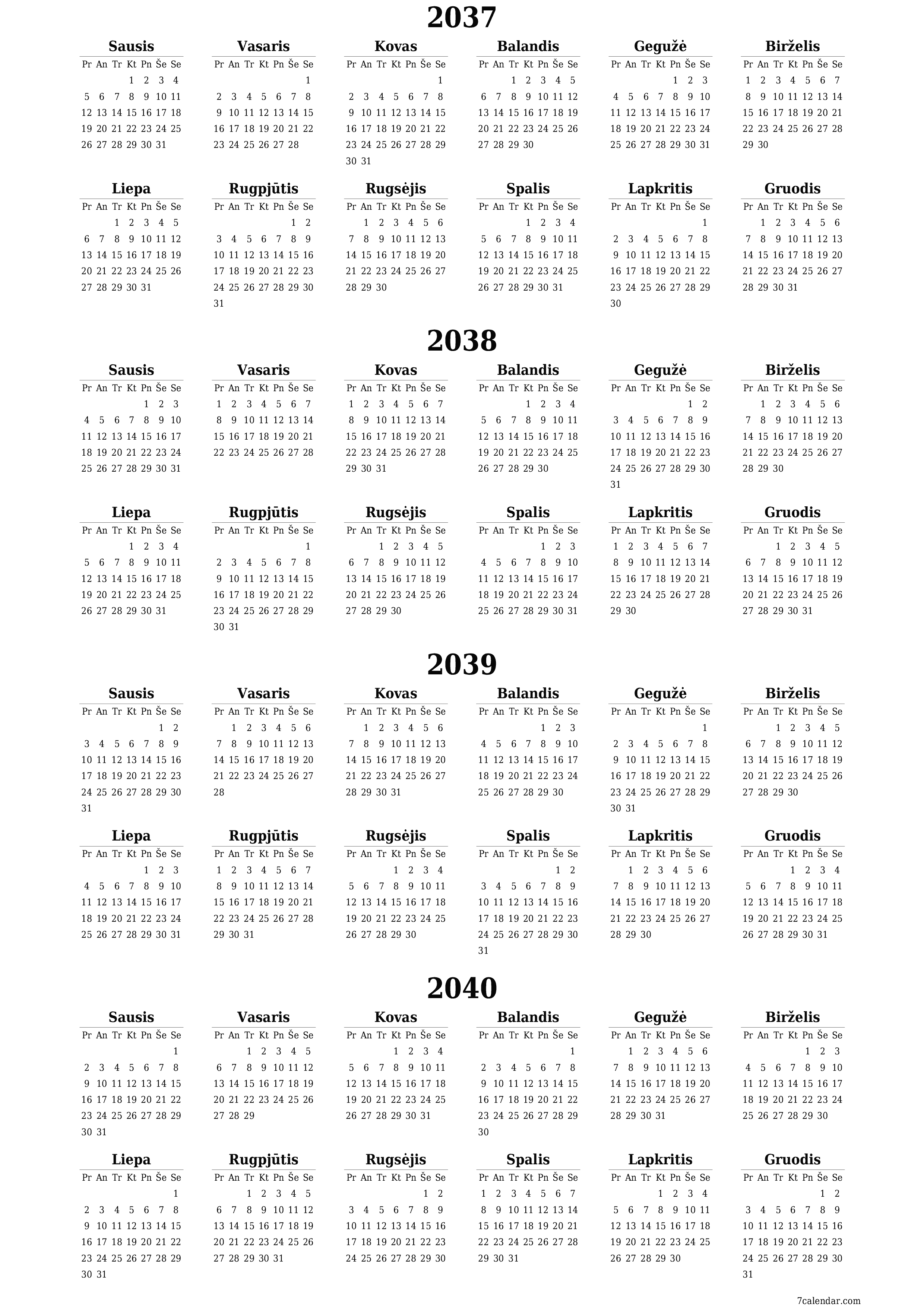 spausdinamas sieninis kalendoriaus šabloną nemokamas vertikaliai Kasmet kalendorius Birželis (Bir) 2037