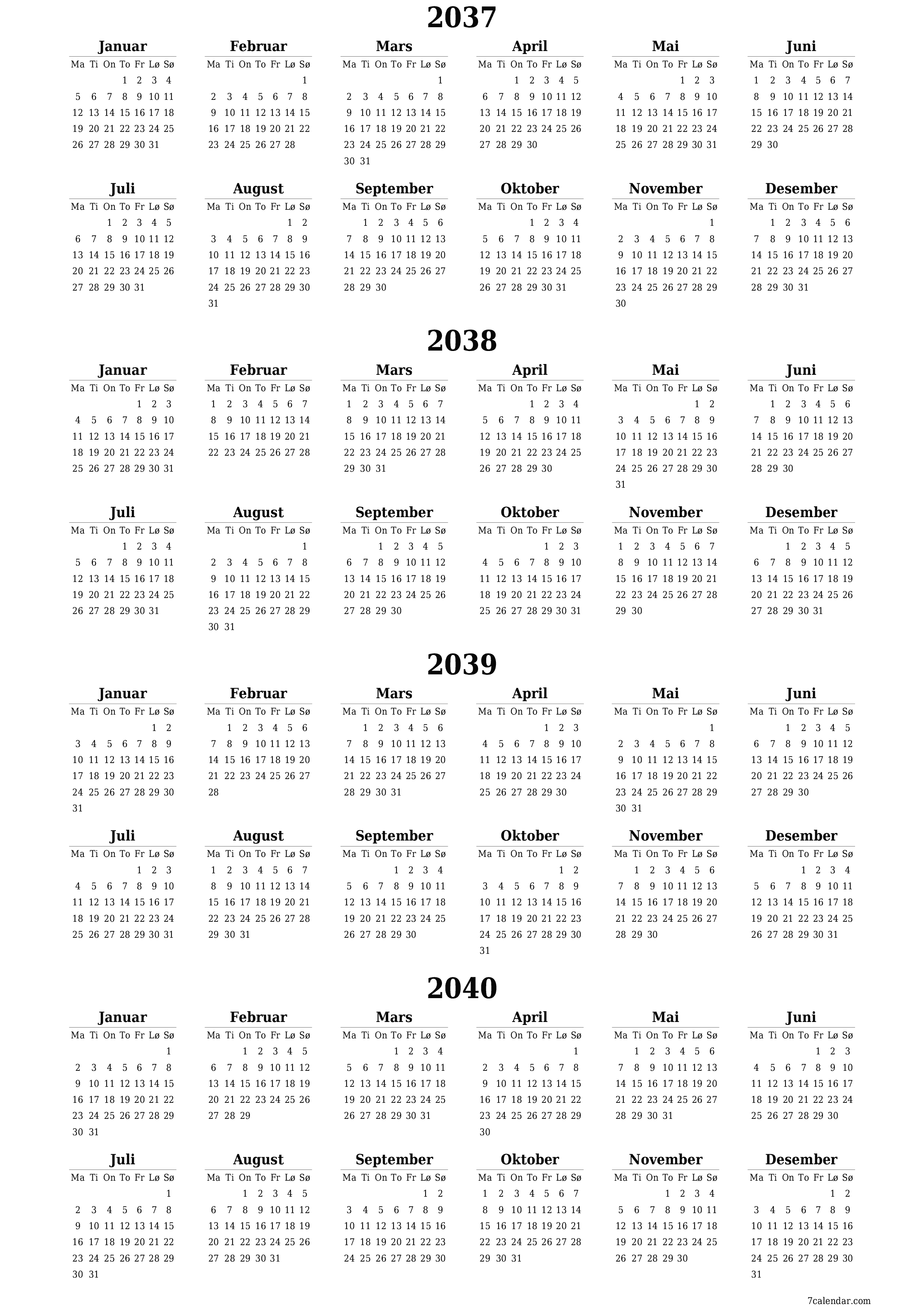 Tom årlig planleggerkalender for året 2037, 2038, 2039, 2040 med notater, lagre og skrive ut i PDF PNG Norwegian