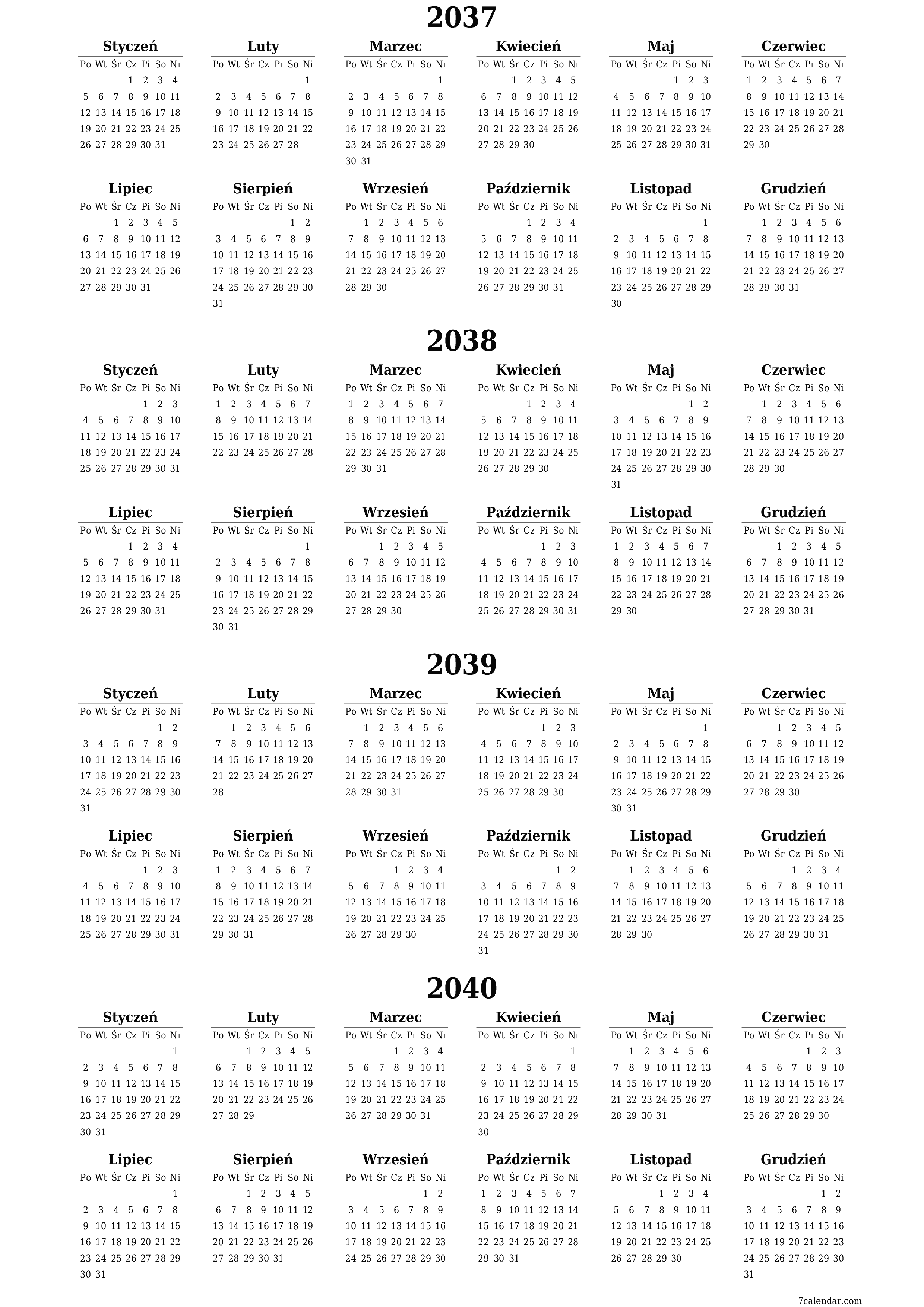 Opróżnij kalendarz rocznego planowania na rok 2037, 2038, 2039, 2040 z notatkami, zapisz i wydrukuj w formacie PDF PNG Polish