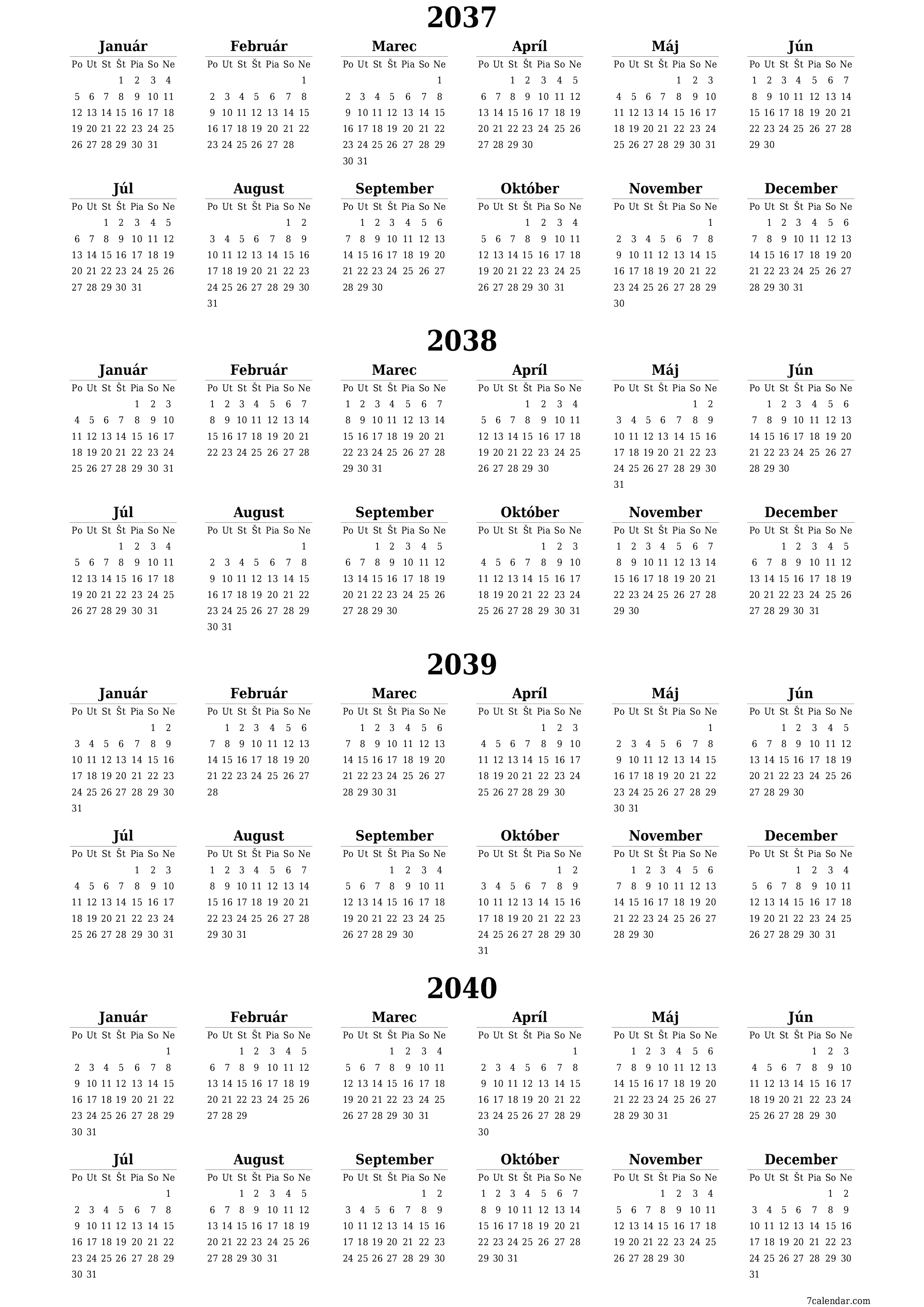 Prázdny ročný kalendár plánovača na rok 2037, 2038, 2039, 2040 s poznámkami, uložením a tlačou do formátu PDF PNG Slovak