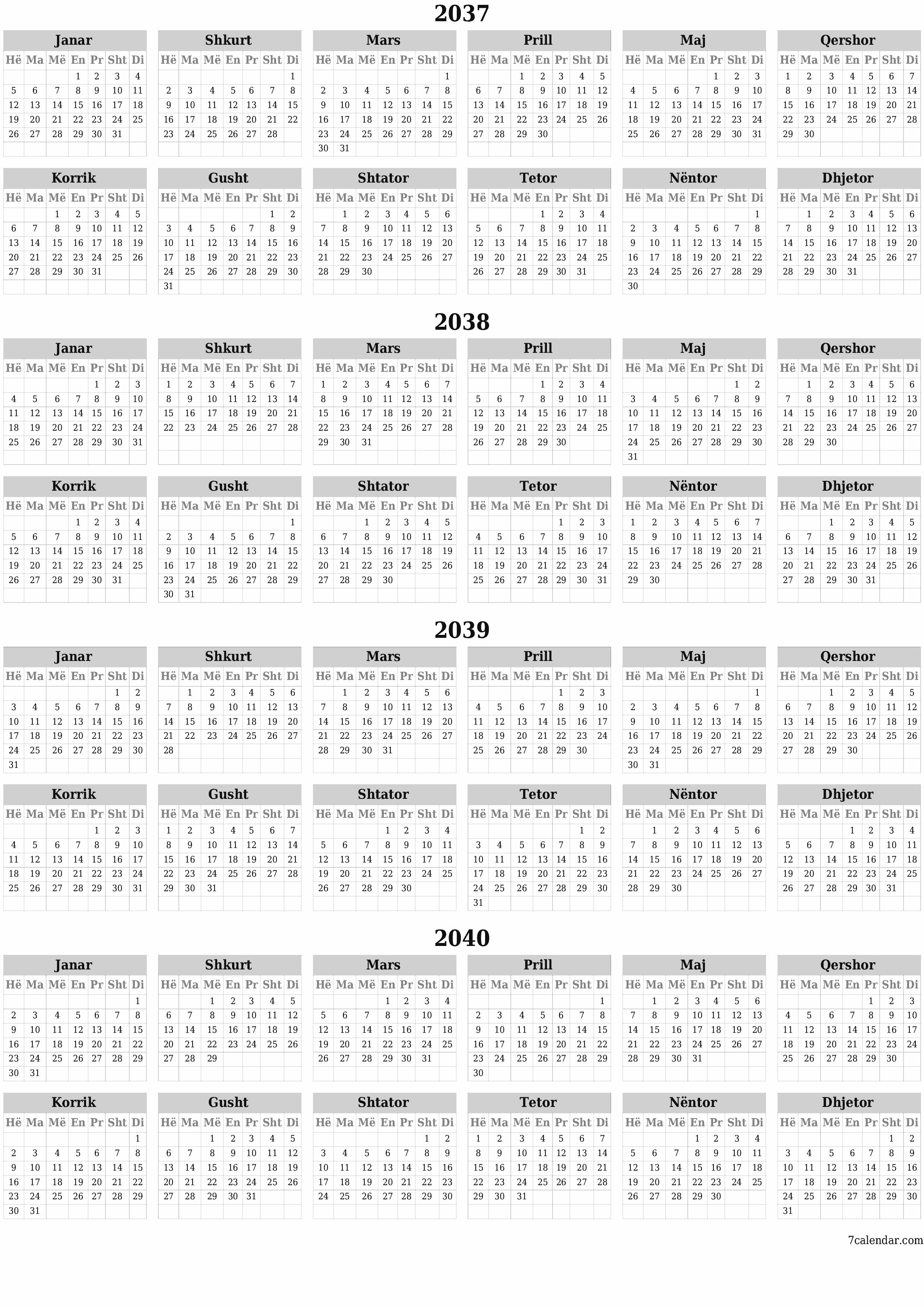 Planifikuesi bosh i kalendarit vjetor për vitin 2037, 2038, 2039, 2040 me shënime, ruani dhe printoni në PDF PNG Albanian