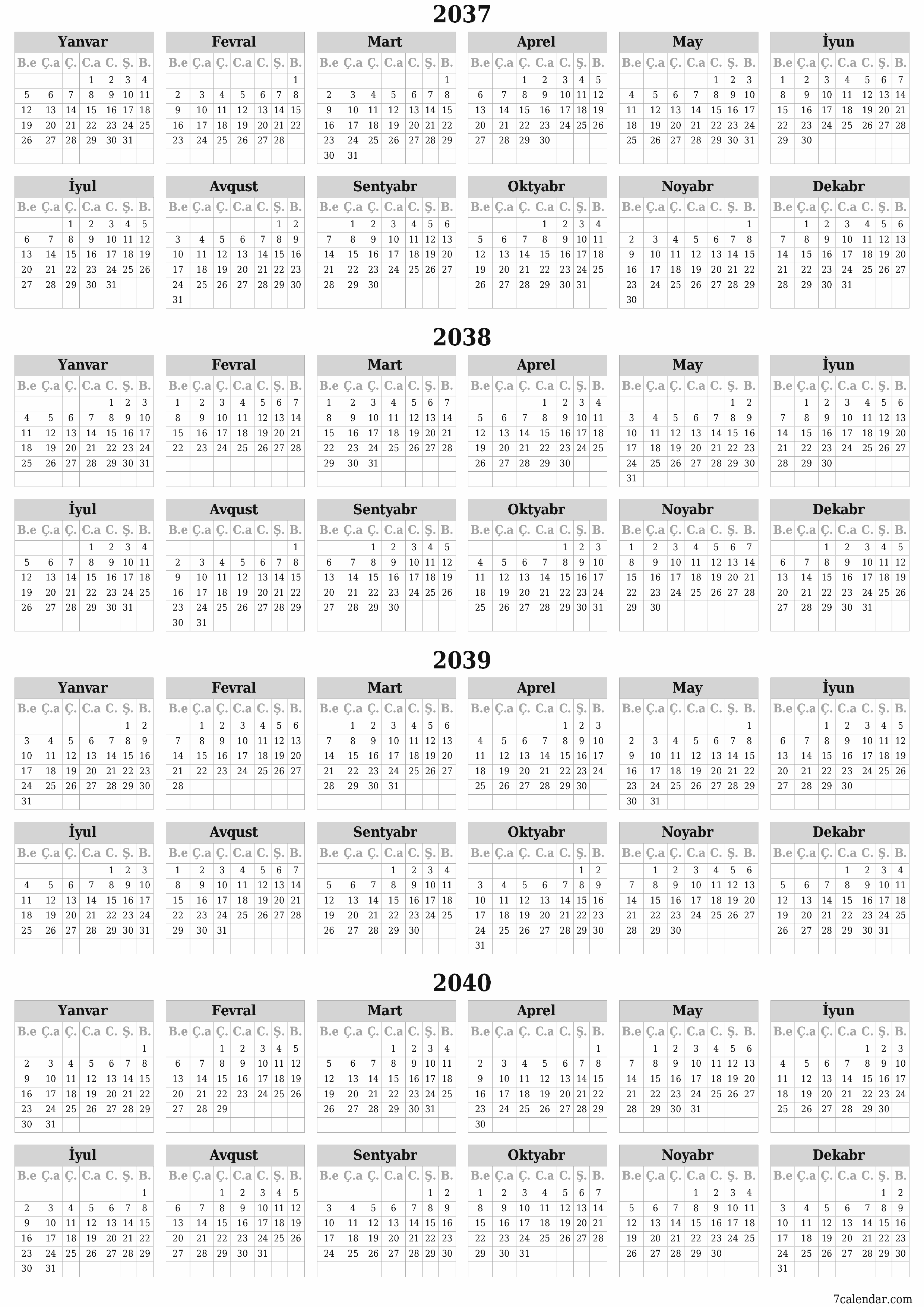 2037, 2038, 2039, 2040 ili üçün illik illik planlayıcı təqvim, qeydlər ilə boş saxlayın, qeyd edin və PDF-ə yazdırın PNG Azerbaijani