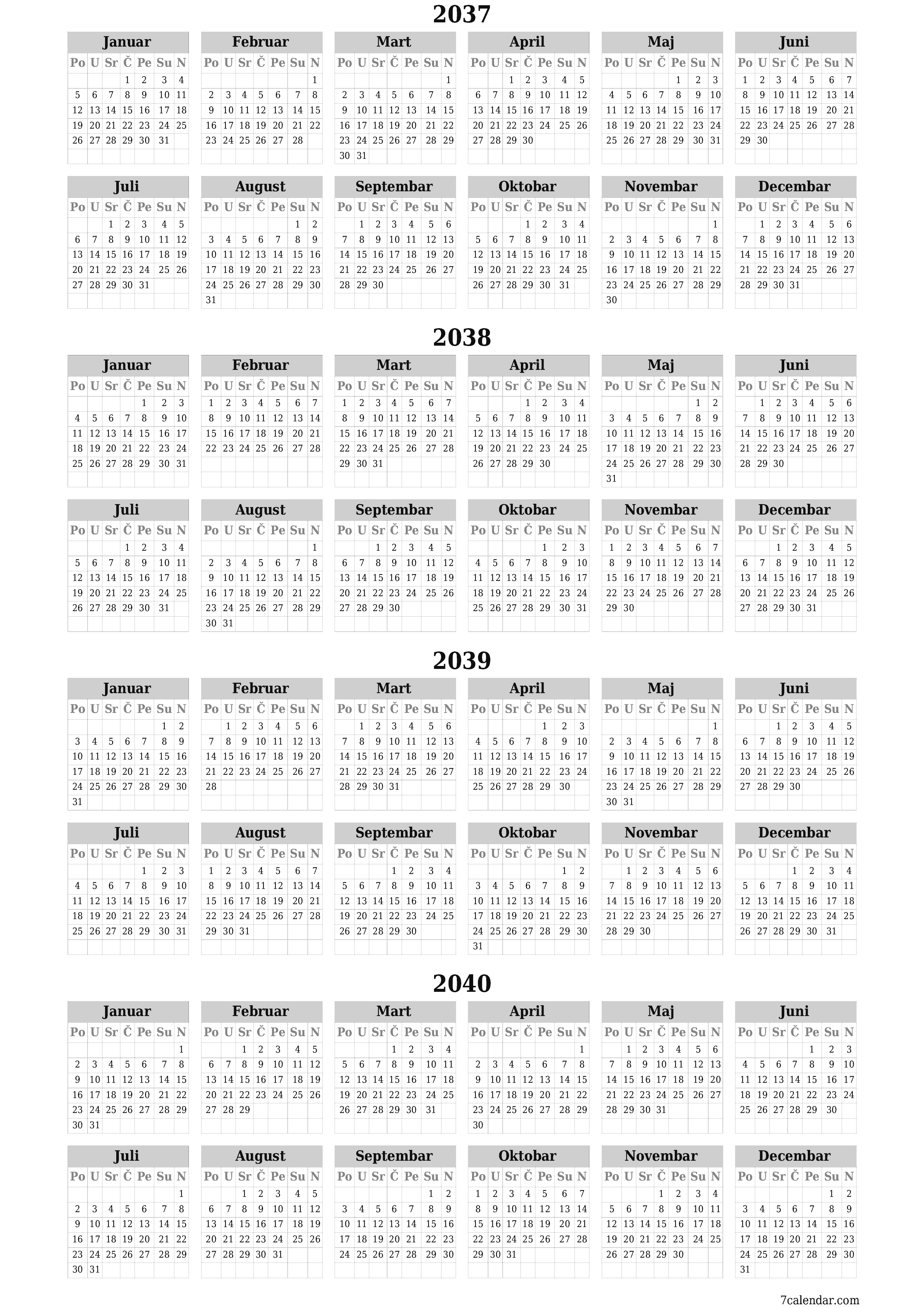  za štampanje zidni šablon a besplatni vertikalno Godišnje kalendar Juni (Jun) 2037
