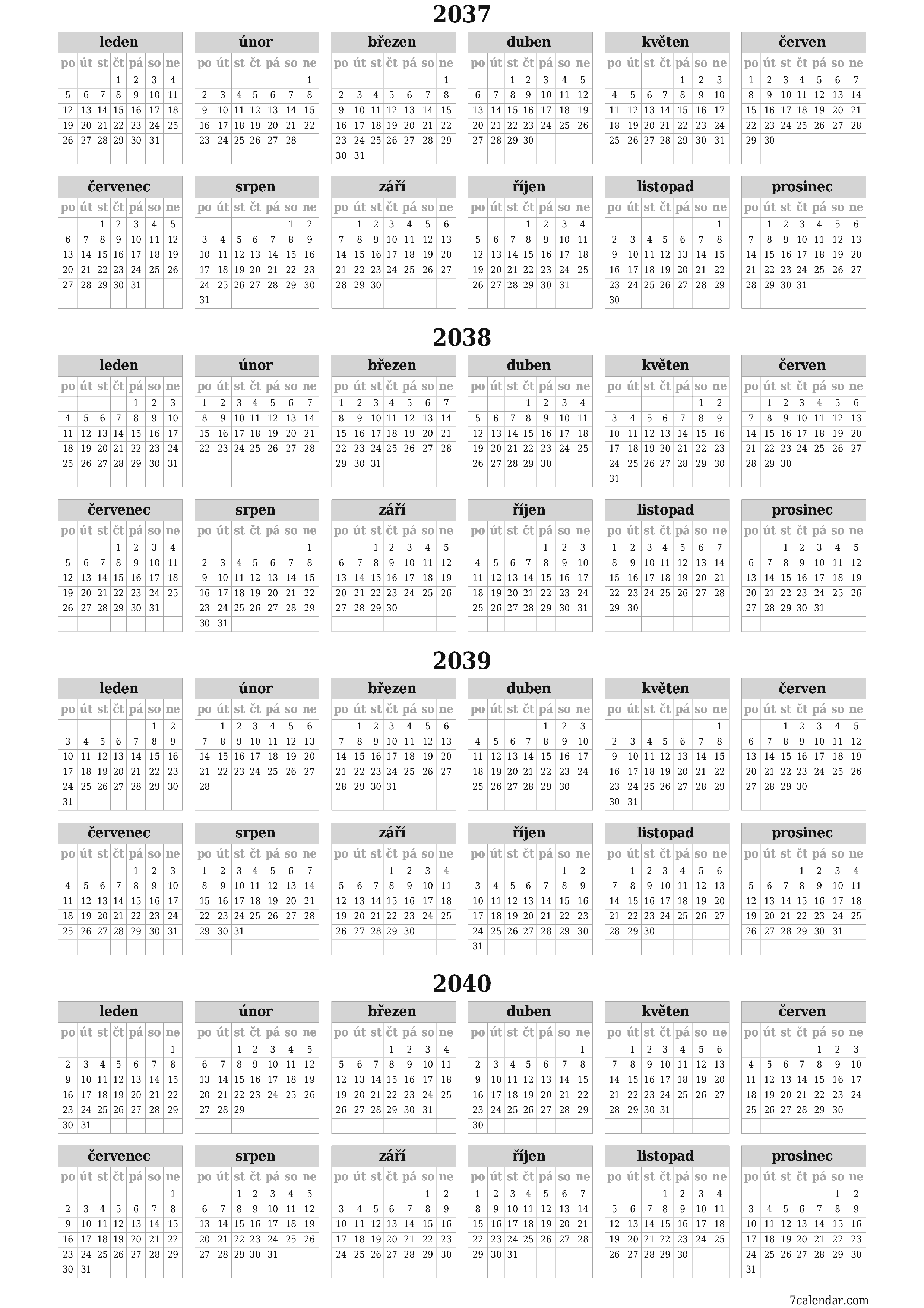 Prázdný roční kalendář plánovače pro rok 2037, 2038, 2039, 2040 s poznámkami, uložením a tiskem do PDF PNG Czech