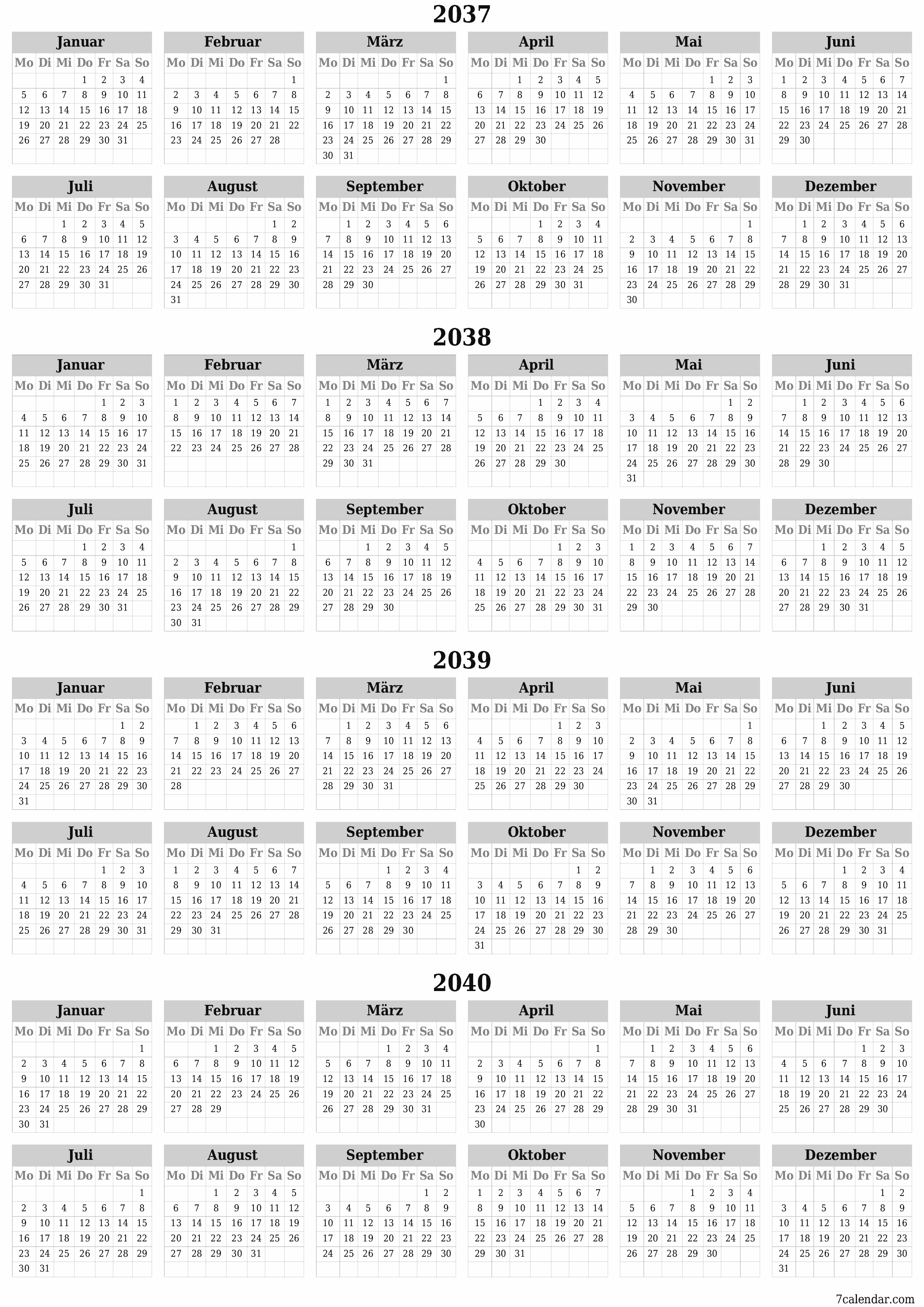 Jahresplanerkalender für das Jahr 2037, 2038, 2039, 2040 mit Notizen leeren, speichern und als PDF PNG German - 7calendar.com drucken
