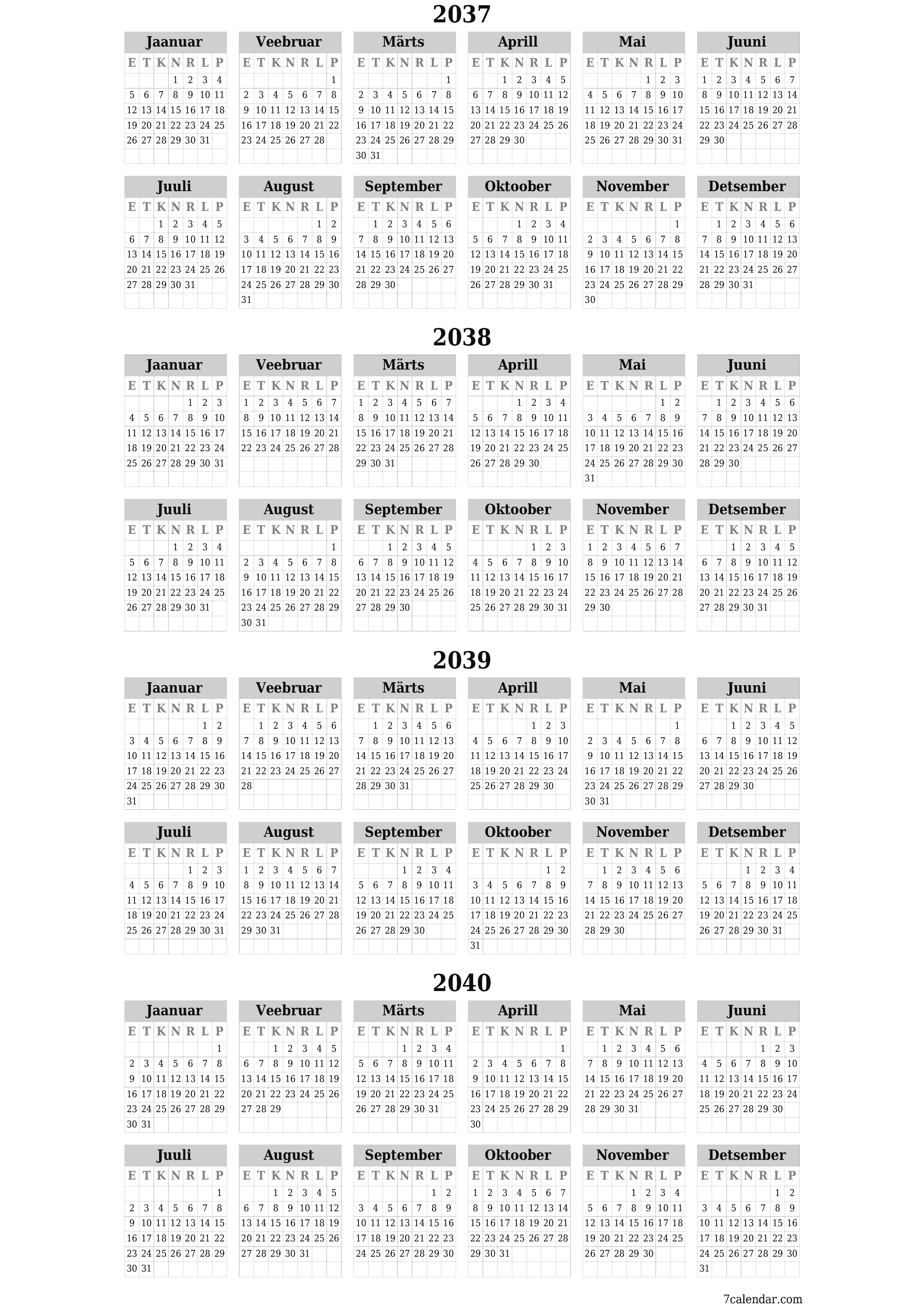 Tühi aasta planeerija kalender aastaks 2037, 2038, 2039, 2040 koos märkmetega, salvestage ja printige PDF-i PNG Estonian