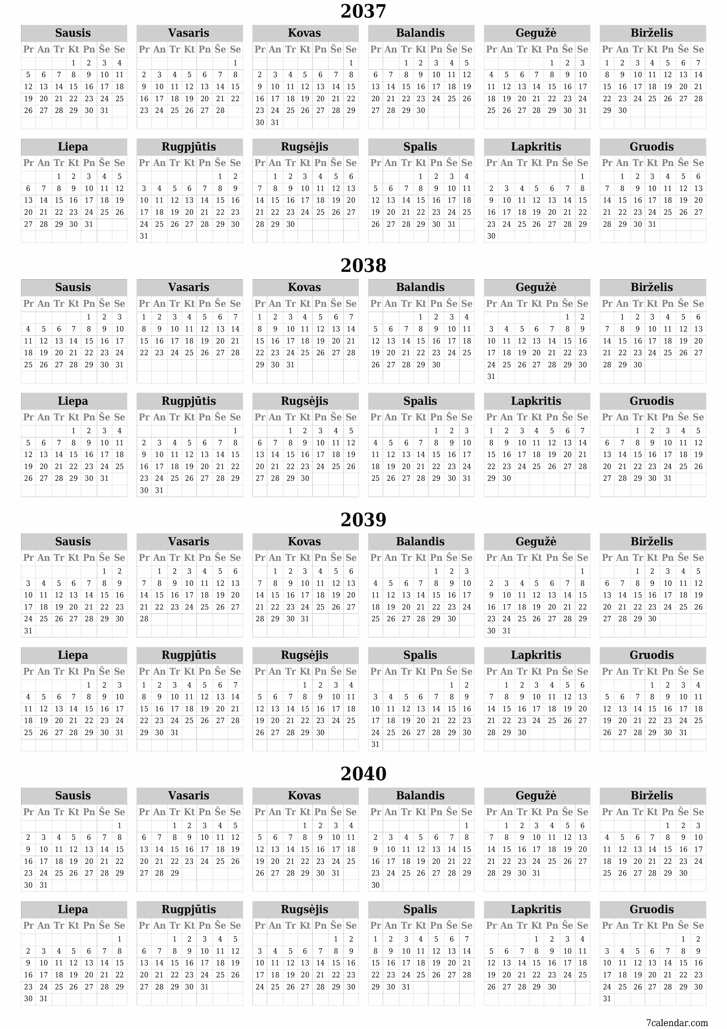 Tuščias metų planavimo kalendorius 2037, 2038, 2039, 2040 su užrašais, išsaugokite ir atsispausdinkite PDF formatu PNG Lithuanian