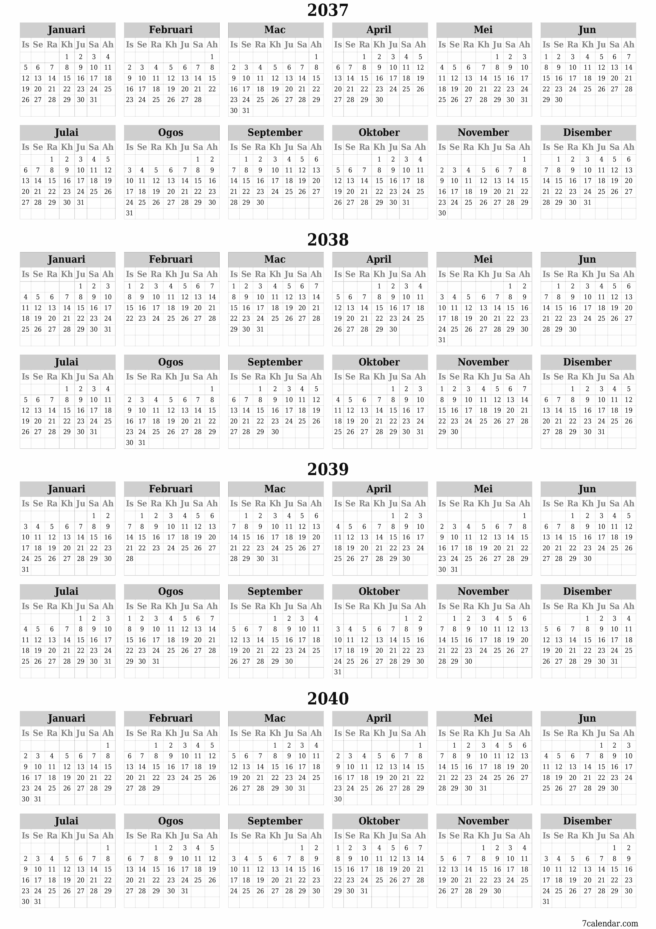 Kalendar perancang tahunan kosong untuk tahun ini 2037, 2038, 2039, 2040 dengan nota, simpan dan cetak ke PDF PNG Malay