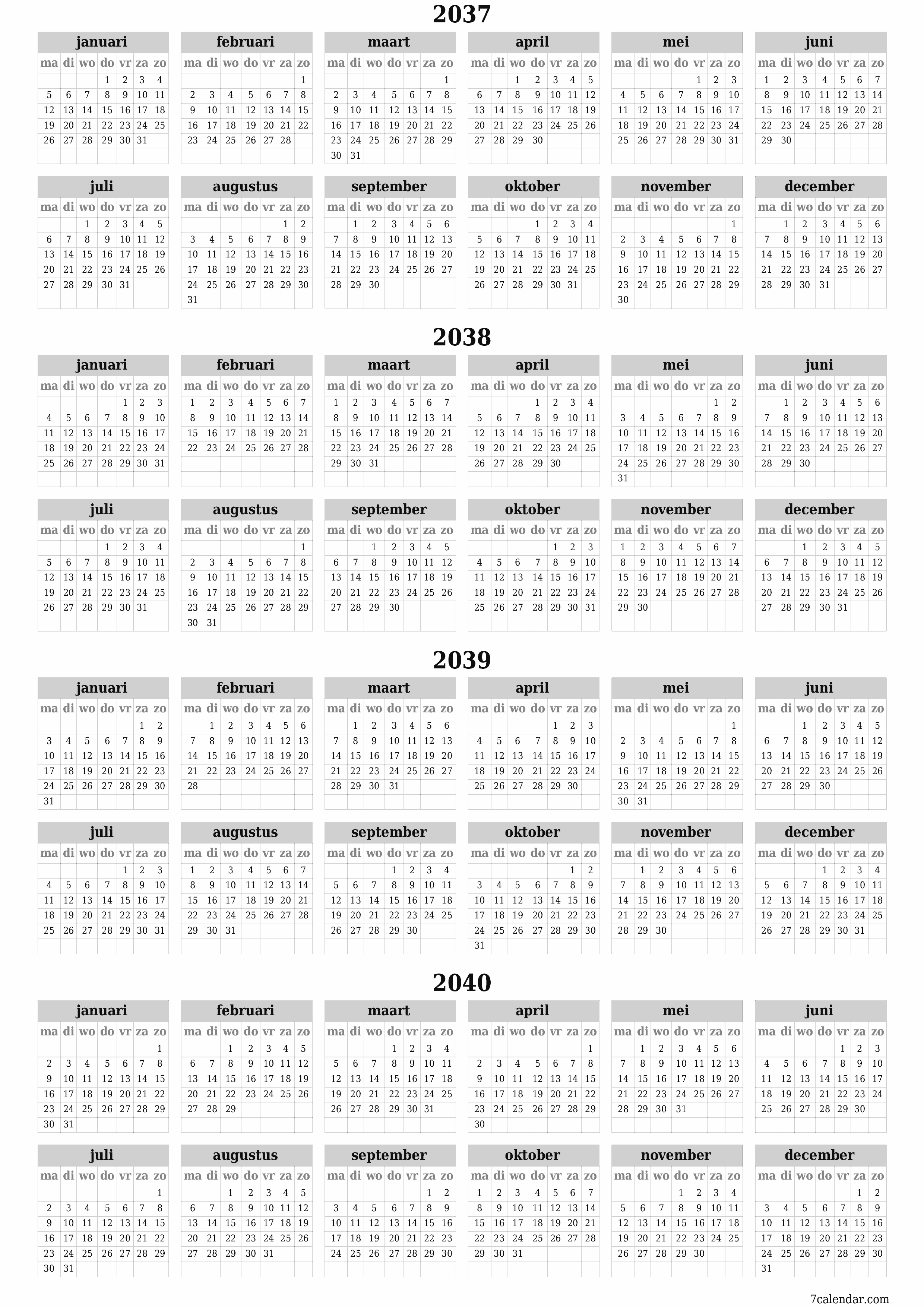 Lege jaarplanningskalender voor het jaar 2037, 2038, 2039, 2040 met notities, opslaan en afdrukken naar pdf PNG Dutch