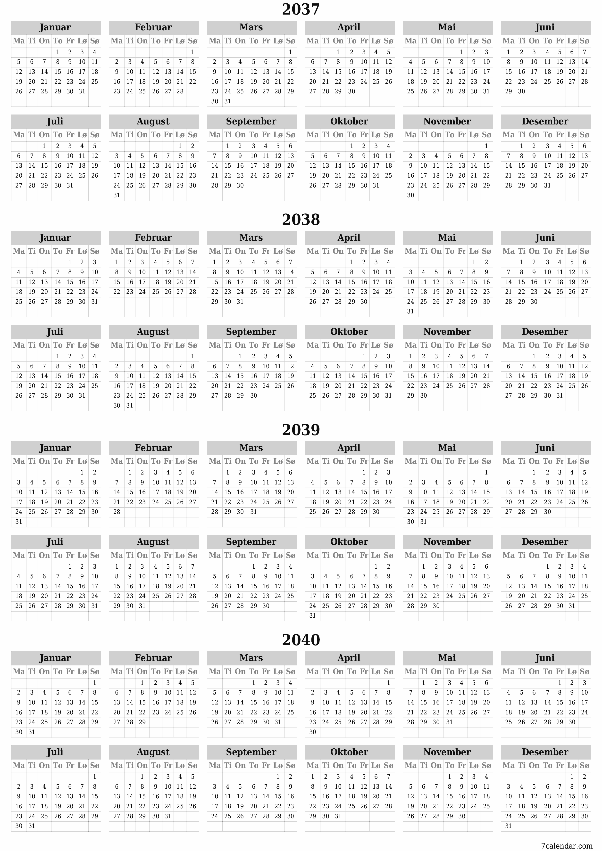 Tom årlig planleggerkalender for året 2037, 2038, 2039, 2040 med notater, lagre og skrive ut i PDF PNG Norwegian