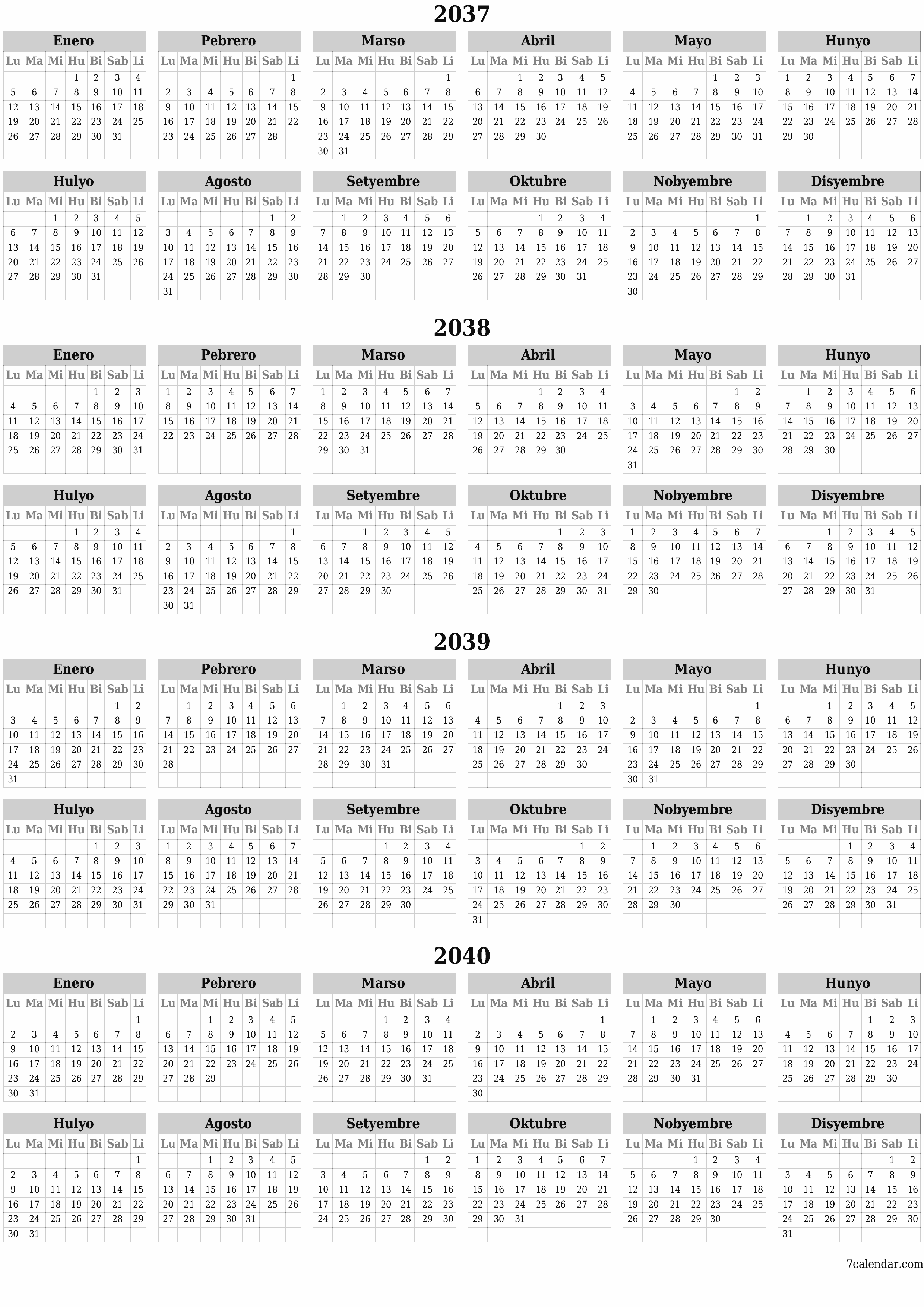 Walang laman ang taunang kalendaryo ng tagaplano para sa taong 2037, 2038, 2039, 2040 na may mga tala, i-save at i-print sa PDF PNG Filipino