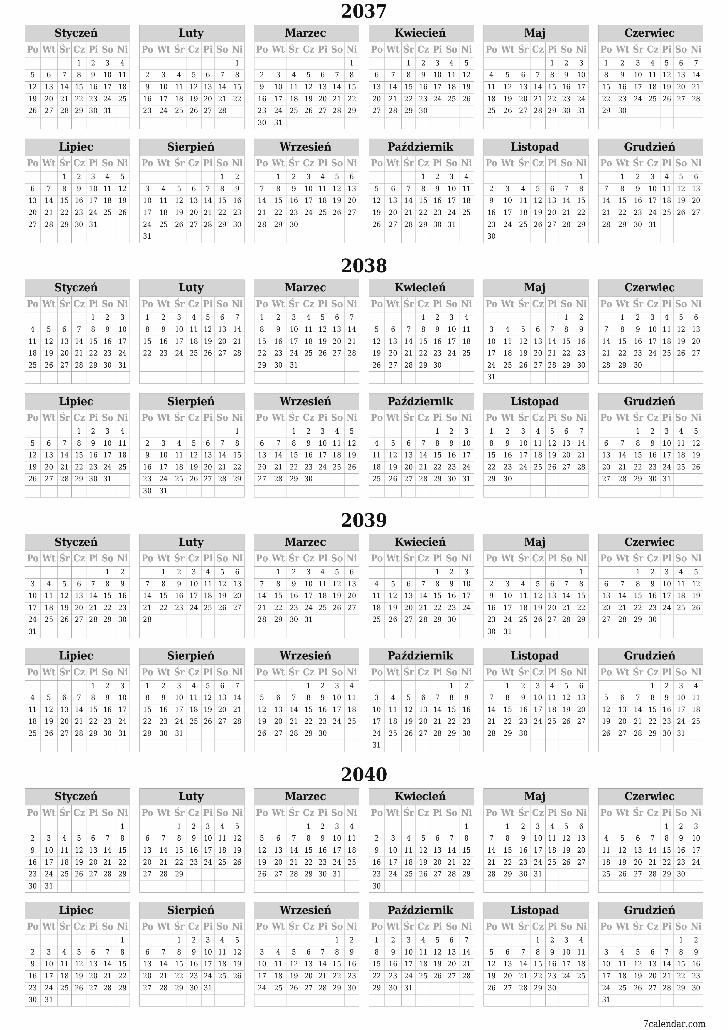 Opróżnij kalendarz rocznego planowania na rok 2037, 2038, 2039, 2040 z notatkami, zapisz i wydrukuj w formacie PDF PNG Polish