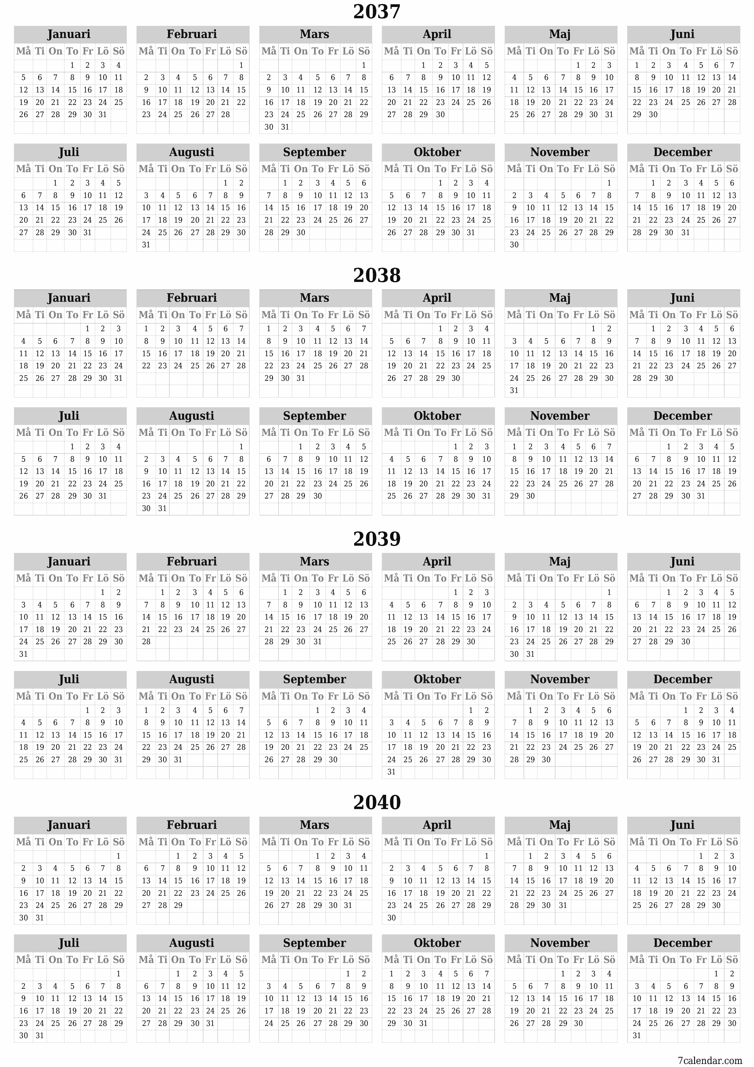 Tom årlig planeringskalender för året 2037, 2038, 2039, 2040 med anteckningar, spara och skriv ut till PDF PNG Swedish