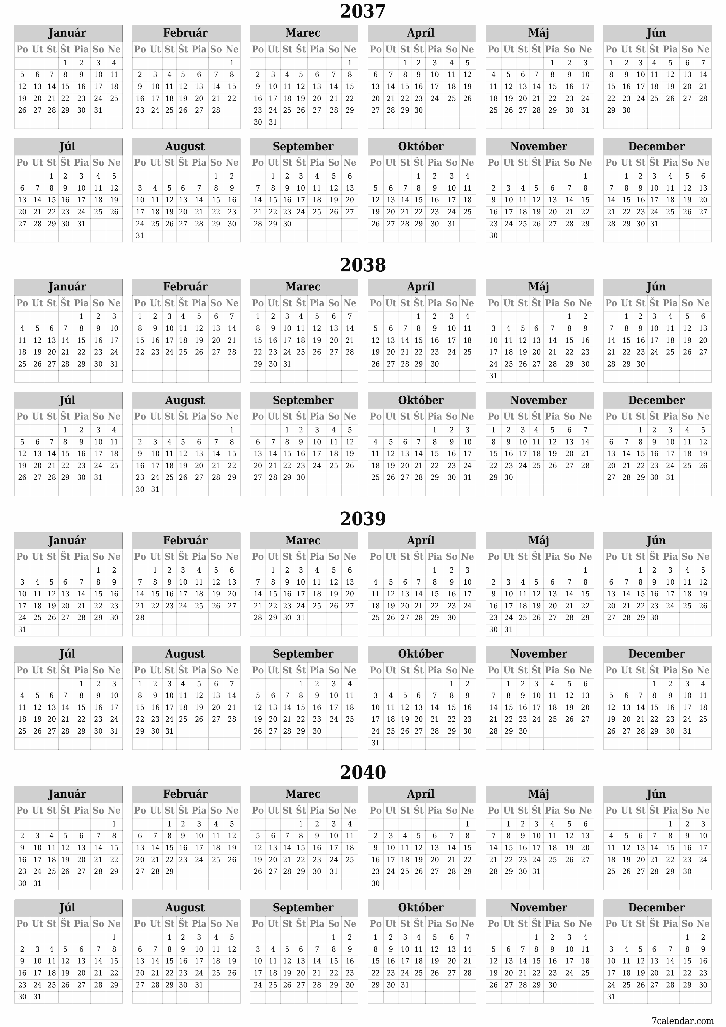 Prázdny ročný kalendár plánovača na rok 2037, 2038, 2039, 2040 s poznámkami, uložením a tlačou do formátu PDF PNG Slovak