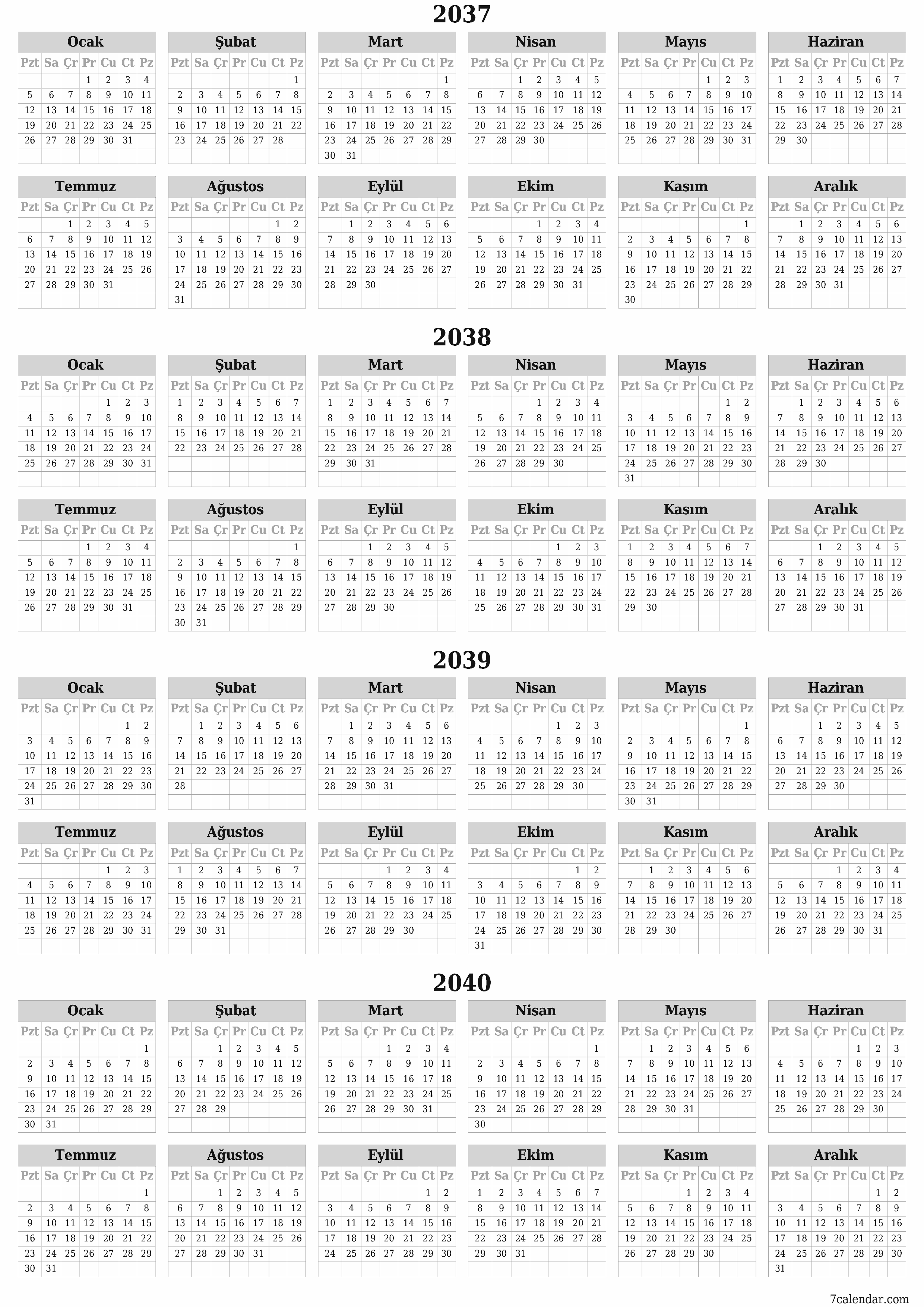 Notlarla 2037, 2038, 2039, 2040 yıl için yıllık planlayıcı takvimini boşaltın, kaydedin ve PDF olarak yazdırın PNG Turkish