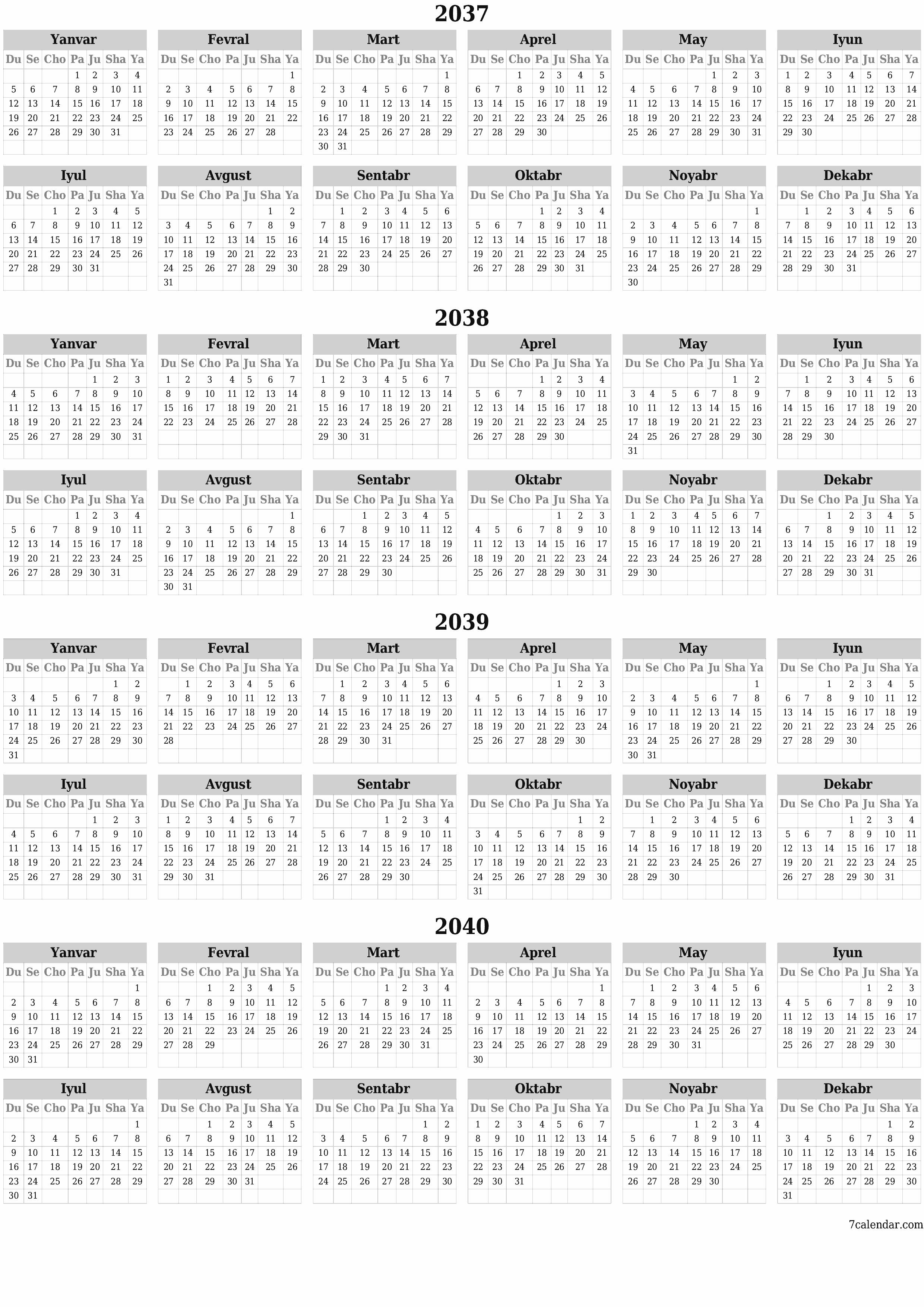 Bo'sh yillik rejalashtiruvchi taqvim 2037, 2038, 2039, 2040 yil, qaydlar bilan saqlang va PDF-ga chop eting PNG Uzbek