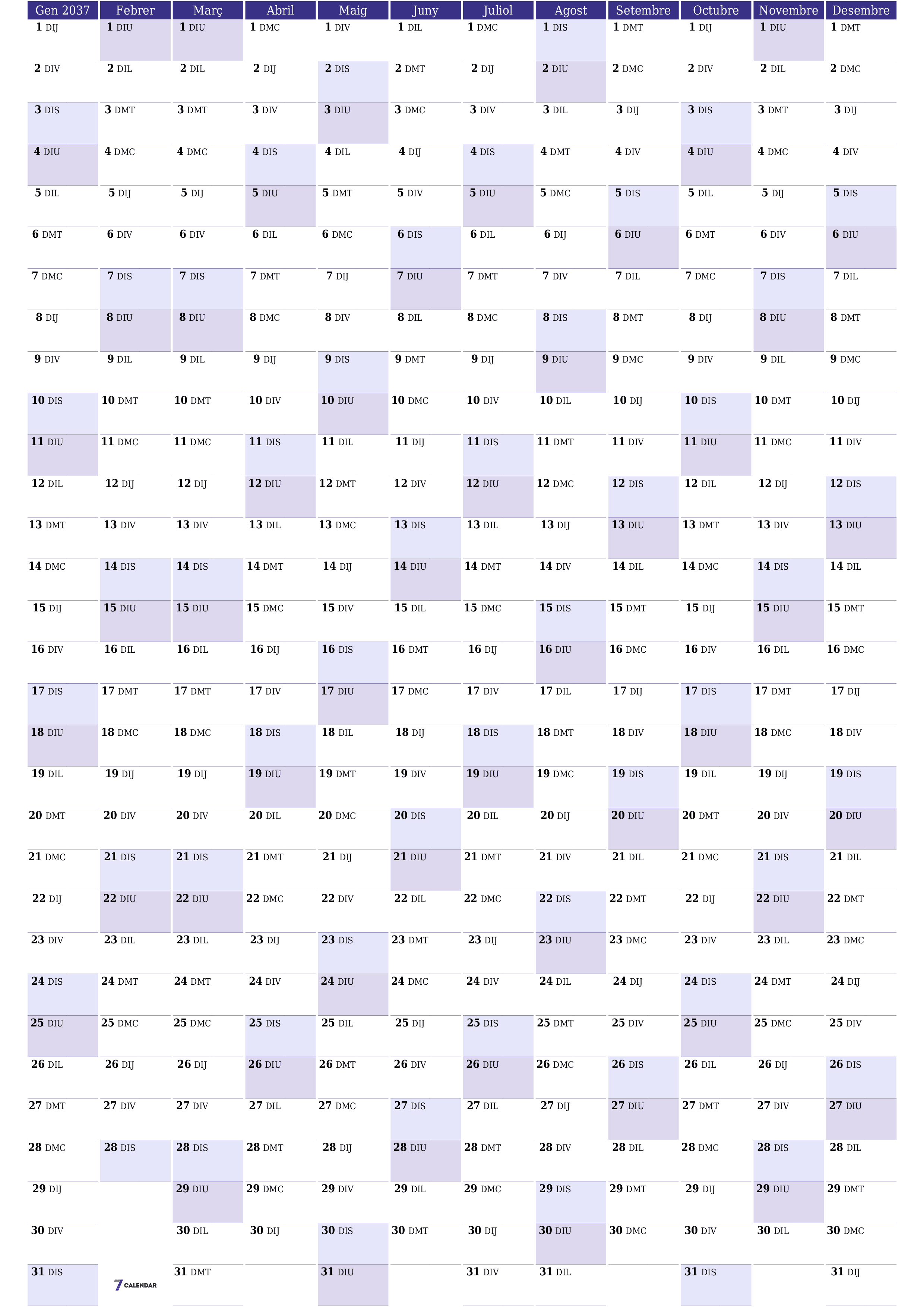 Planificador anual buit 2037 amb notes desades i imprimides en PDF PNG Catalan