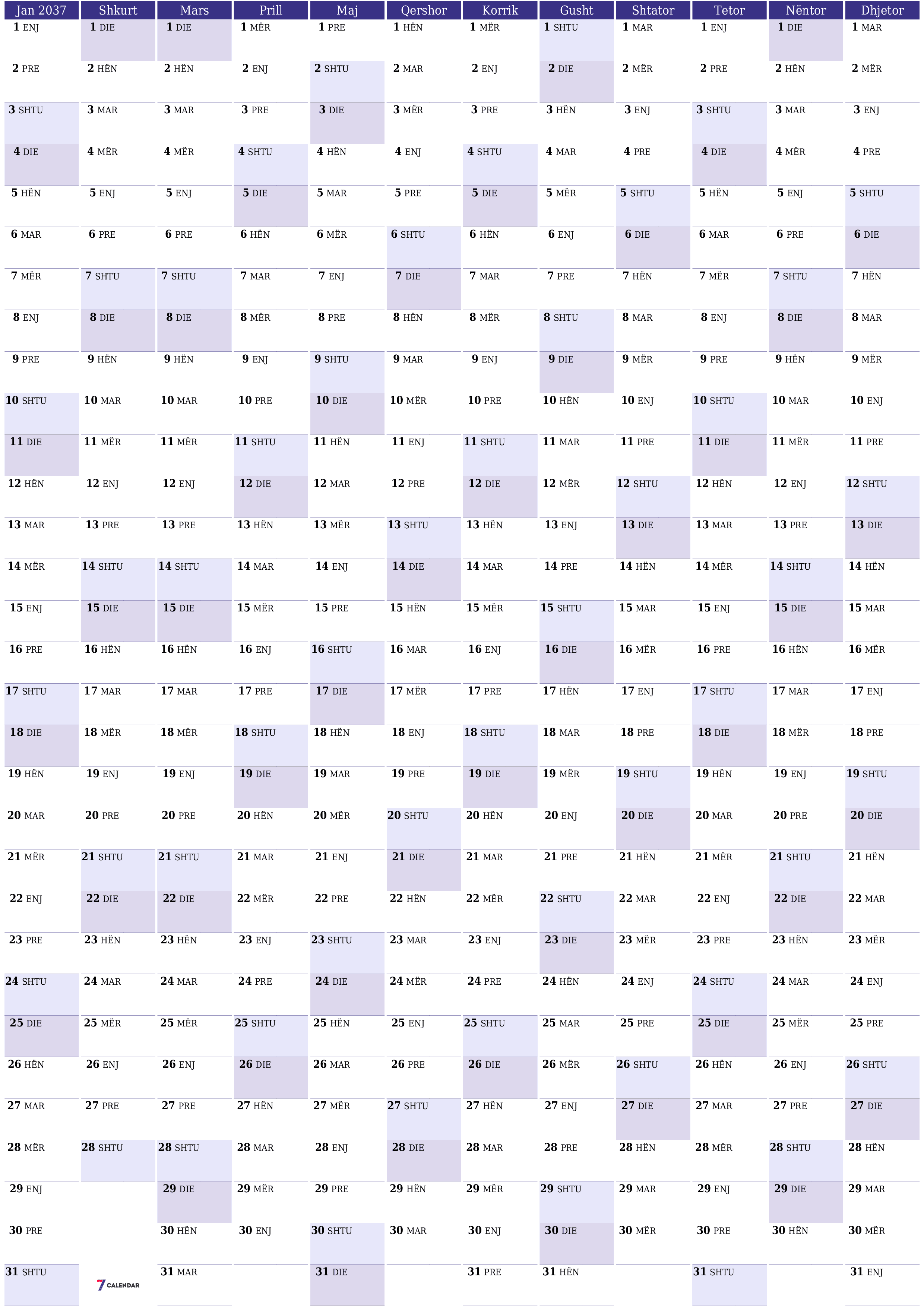 Planifikuesi bosh i kalendarit vjetor për vitin 2037 me shënime, ruani dhe printoni në PDF PNG Albanian