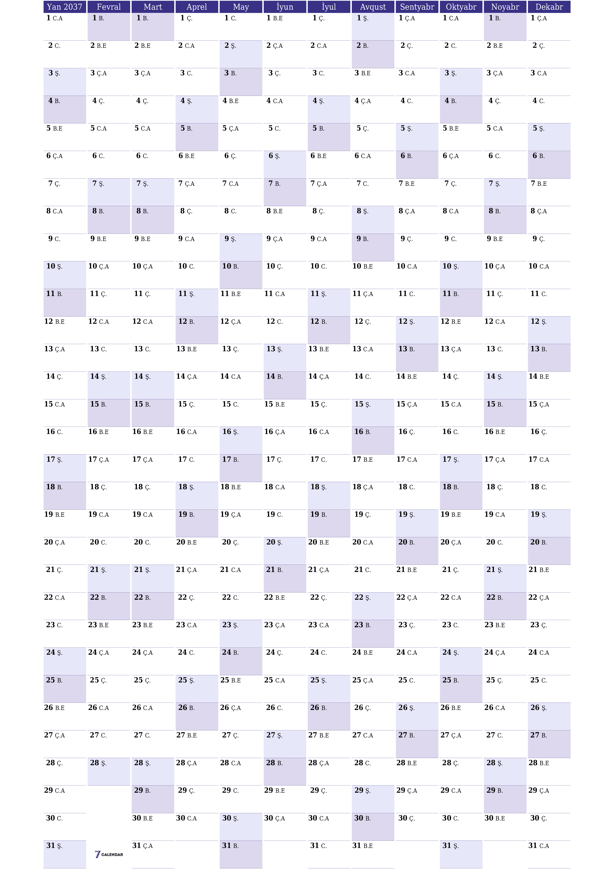 2037 ili üçün illik illik planlayıcı təqvim, qeydlər ilə boş saxlayın, qeyd edin və PDF-ə yazdırın PNG Azerbaijani