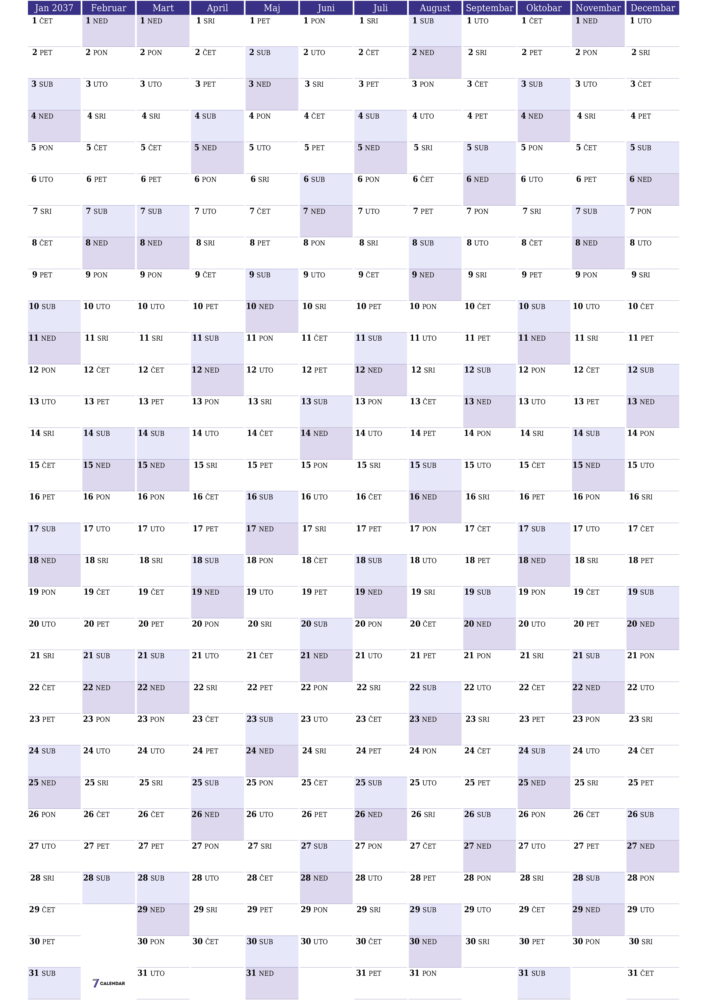  za štampanje zidni šablon a besplatni vertikalno Godišnje planer kalendar Juni (Jun) 2037